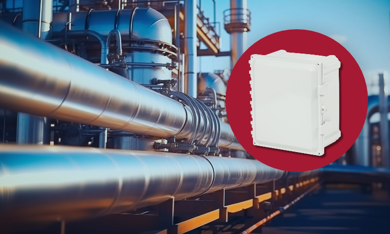 Oil & Gas Plant in background with a white polycarbonate enclosure on top of a red circle