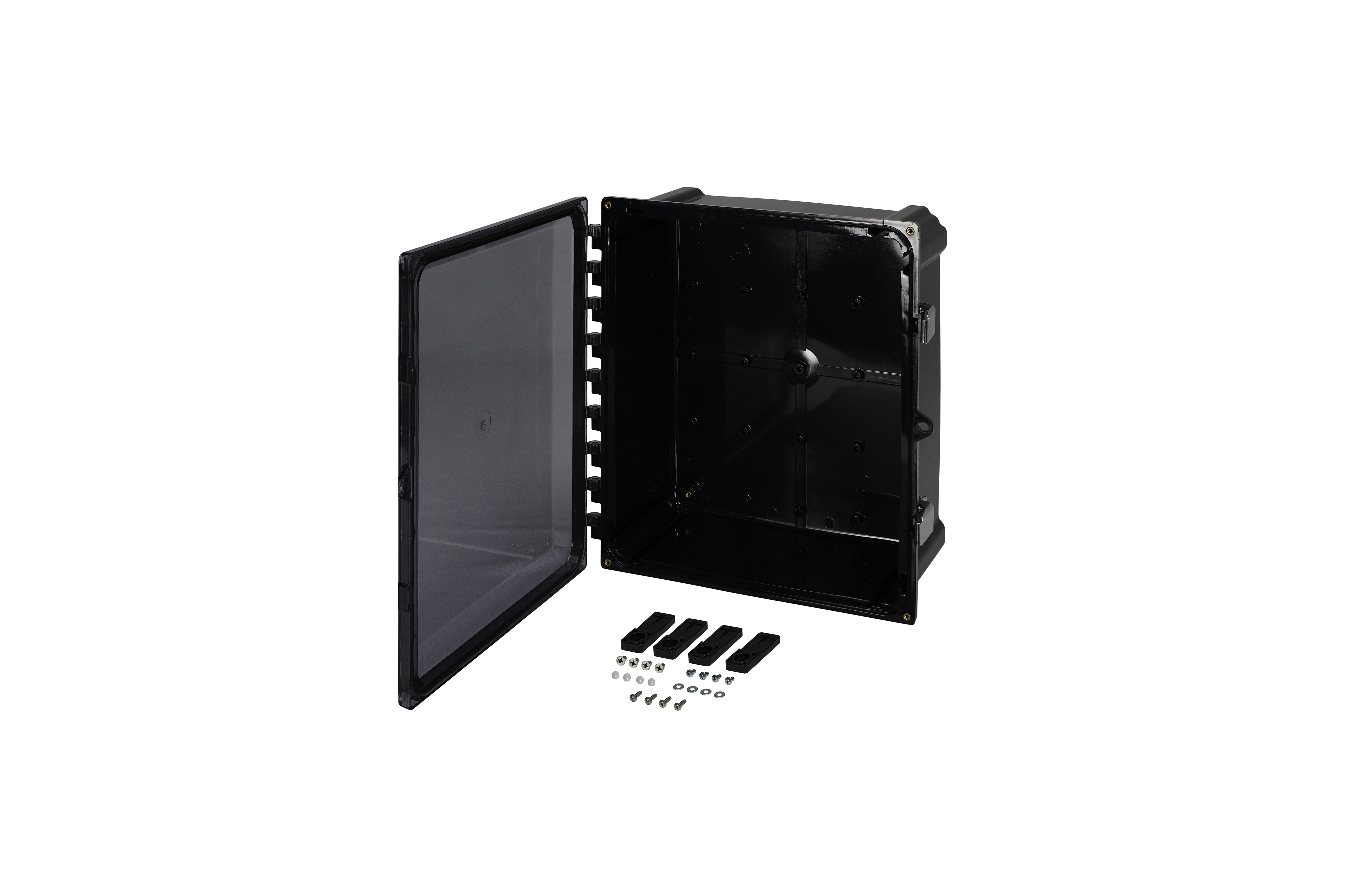 BK-PC1412CCSS-QFL-Open.jpg Polycarbonate Enclosure 12 x 10 x 6 Inches, Black, with Hinged Clear Cover and Stainless Steel Latches by Stahlin