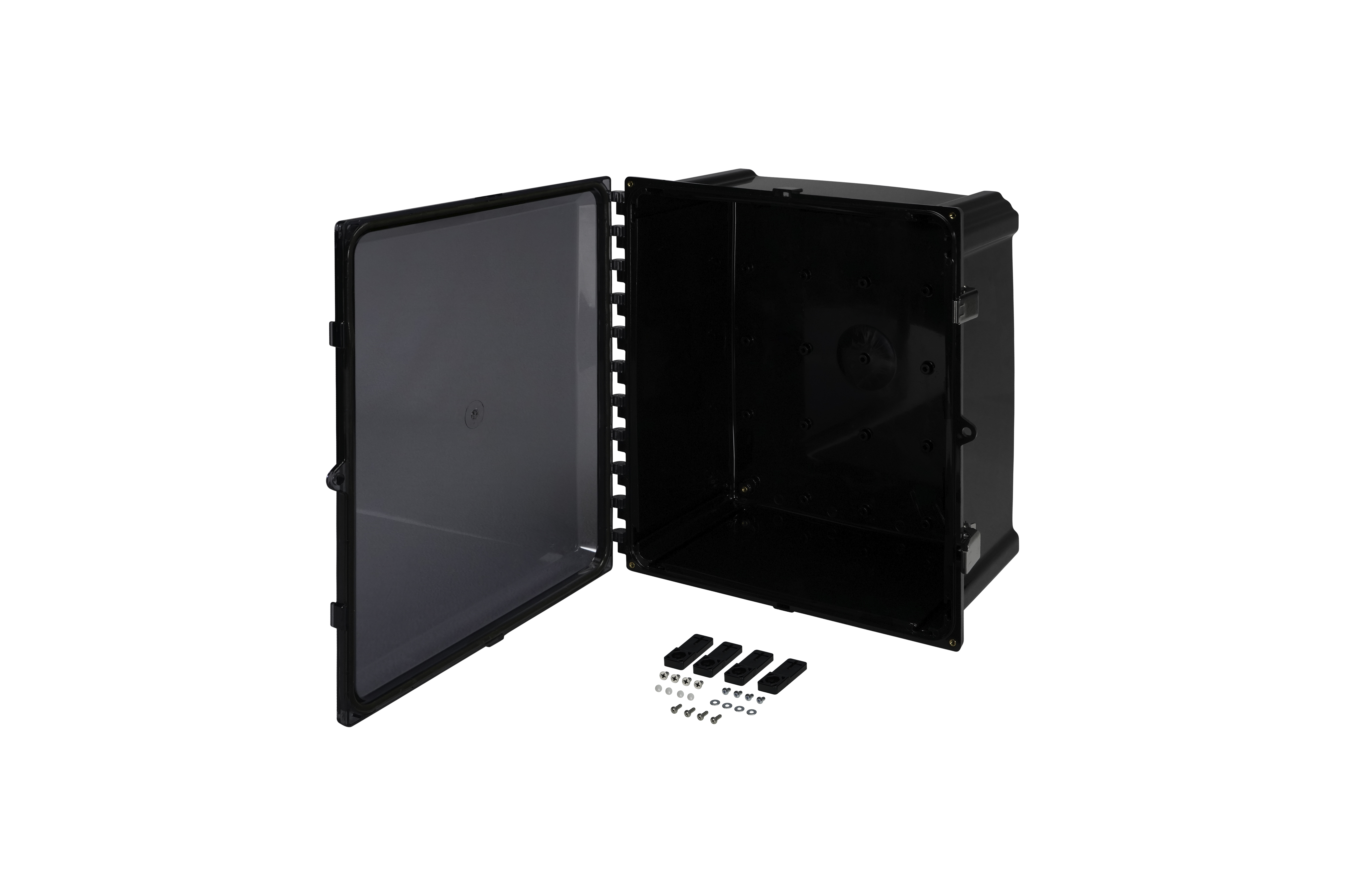 BK-PC1614CCSS-QFL-Open.jpg Polycarbonate Enclosure 16 x 14 x 8 Inches, Black, with Hinged Clear Cover and Stainless Steel Latches by Stahlin