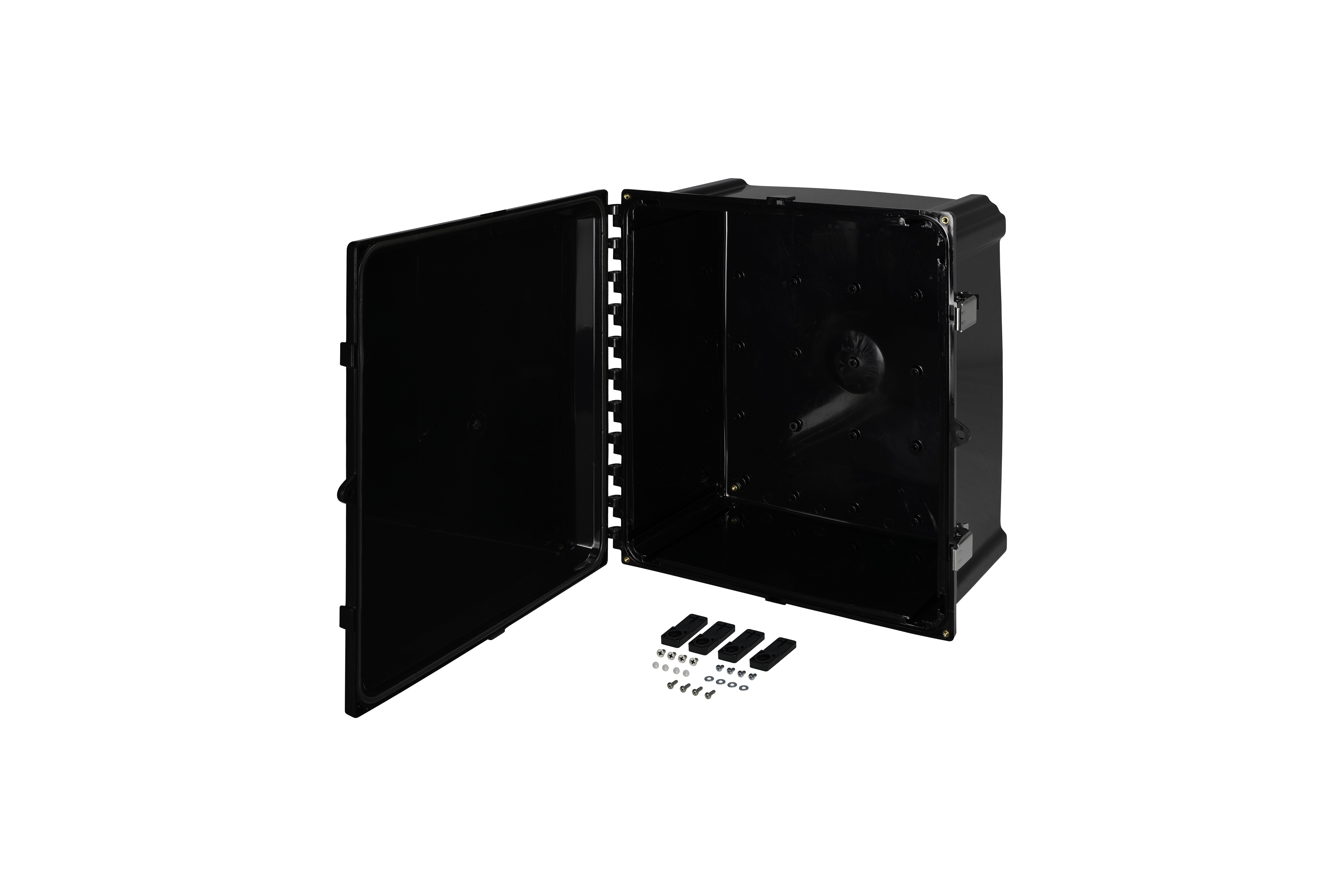 BK-PC1614SS-QFL-Open.jpg Polycarbonate Enclosure 16 x 14 x 8 Inches, Black, with Hinged, Opaque Cover and Stainless Steel Latches by Stahlin