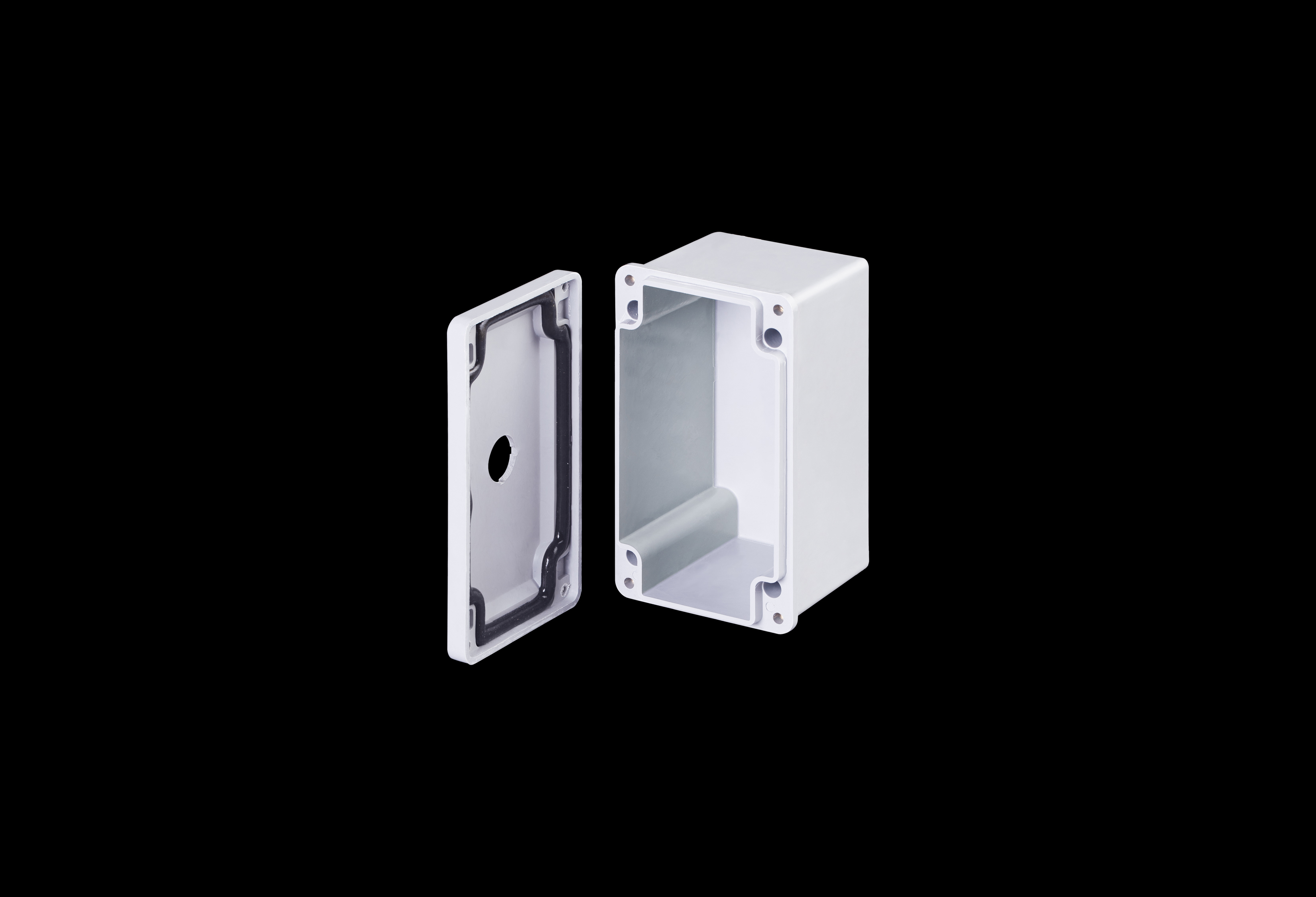 CF1PB22-QFL-Open.jpg Fiberglass Enclosure 6 x 4 x 4 Inches Push Button Series 1 Hole 30 mm Opaque Lift Off Cover by Stahlin