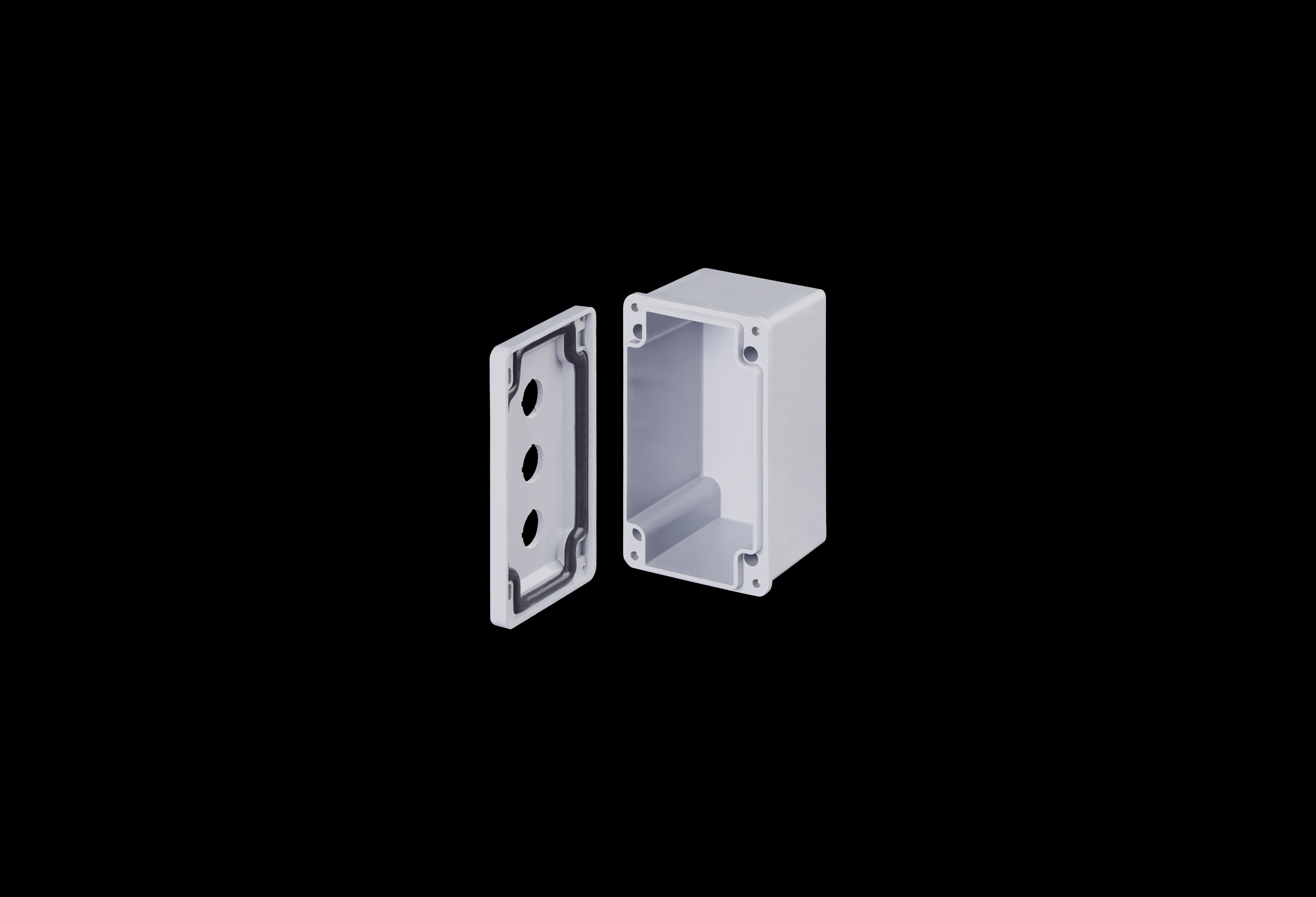 CF3PB22-QFL-Open.jpg Fiberglass Enclosure 8 x 4 x 4 Inches Push Button Series 3 Hole 30 mm Opaque Lift Off Cover by Stahlin
