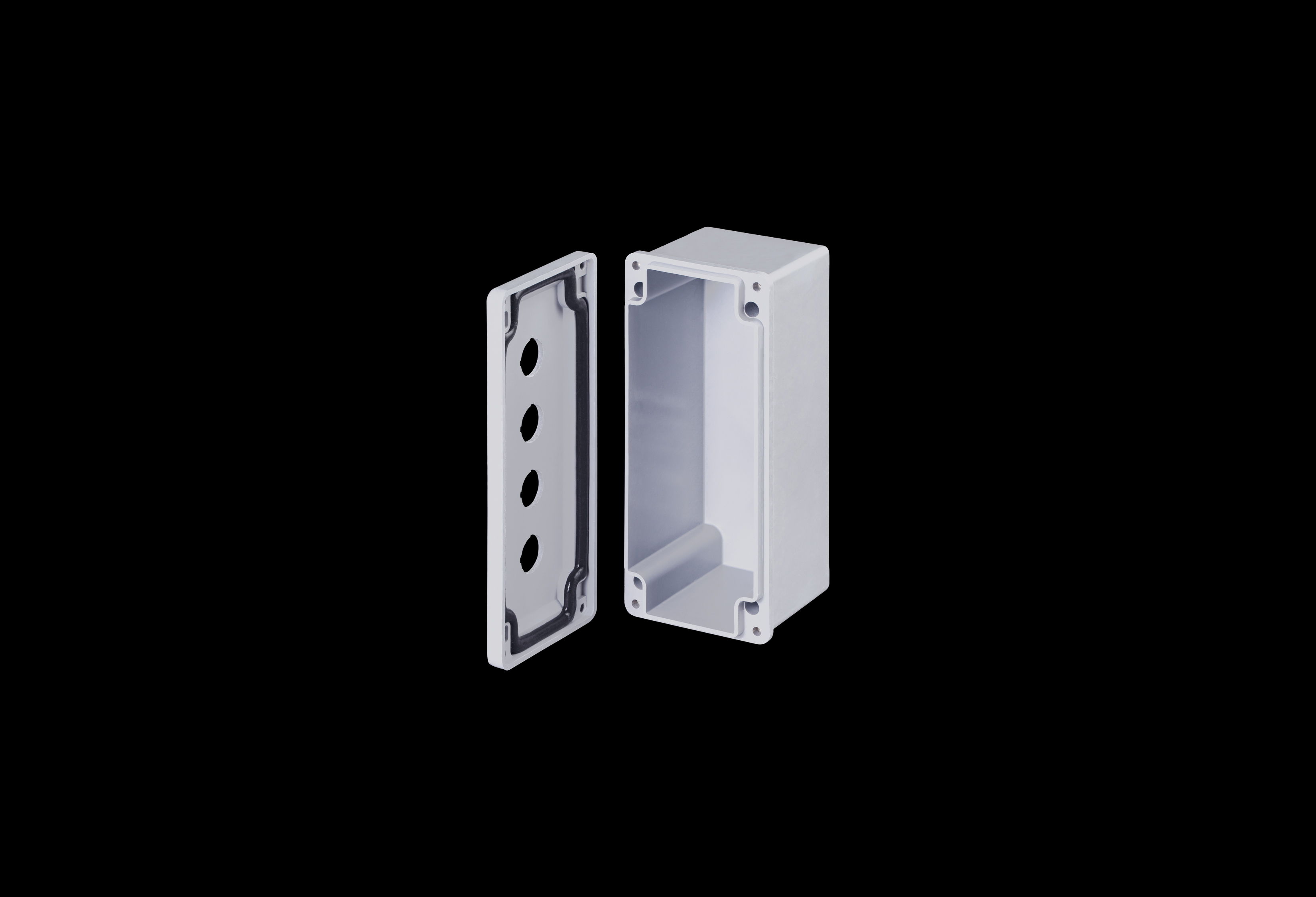 CF4PB22-QFL-Open.jpg Fiberglass Enclosure 11 x 4 x 4 Inches Push Button Series 4 Hole 30 mm Opaque Lift Off Cover by Stahlin