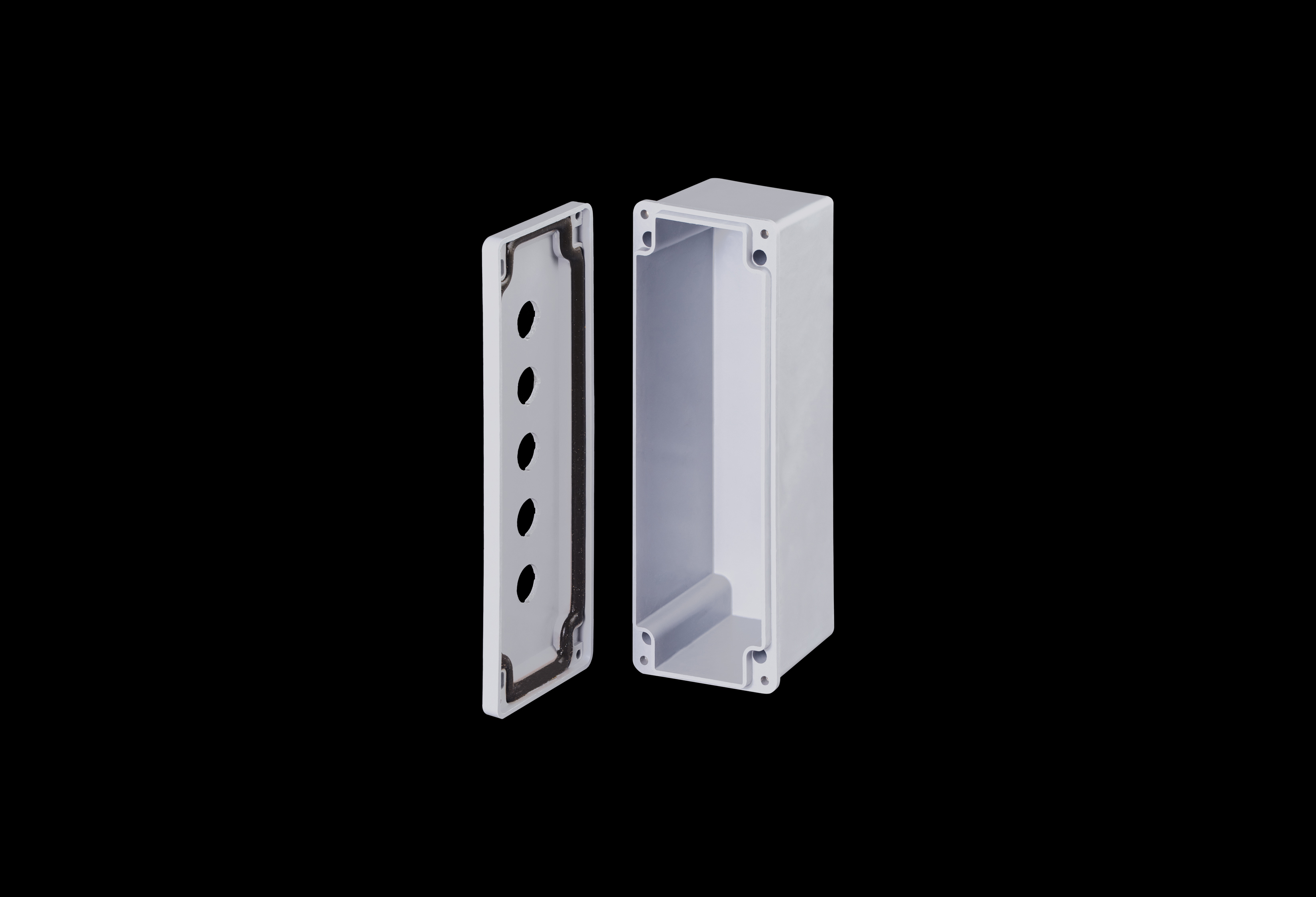 CF5PB22-QFL-Open.jpg Fiberglass Enclosure 14 x 3 x 2 Inches Push Button Series 5 Hole 30 mm Opaque Lift Off Cover by Stahlin