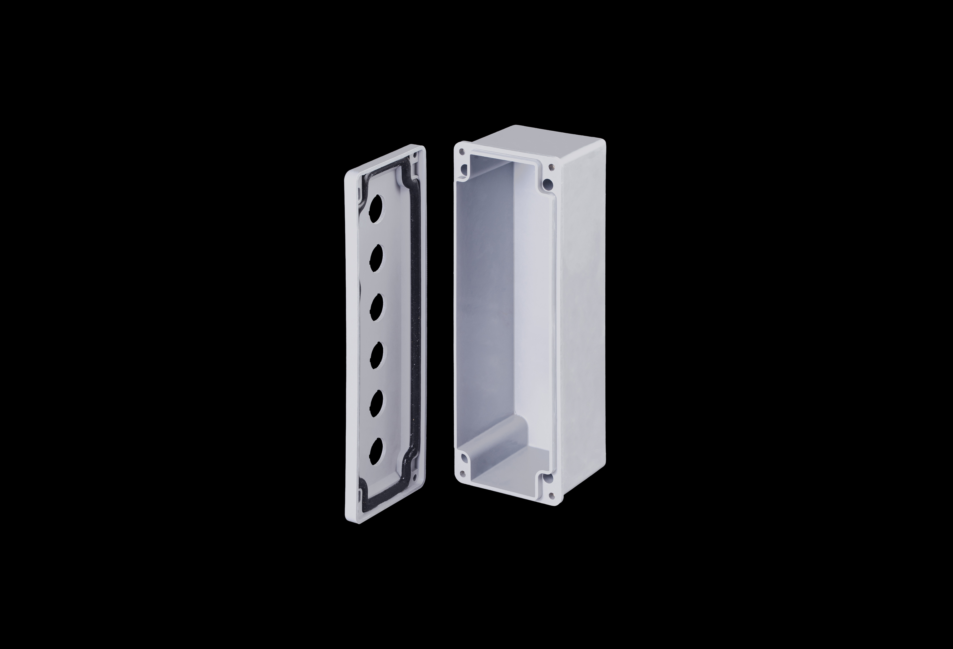 CF6PB22-QFL-Open.jpg Fiberglass Enclosure 11 x 3 x 2 Inches Push Button Series 6 Hole 22 mm Opaque Lift Off Cover by Stahlin
