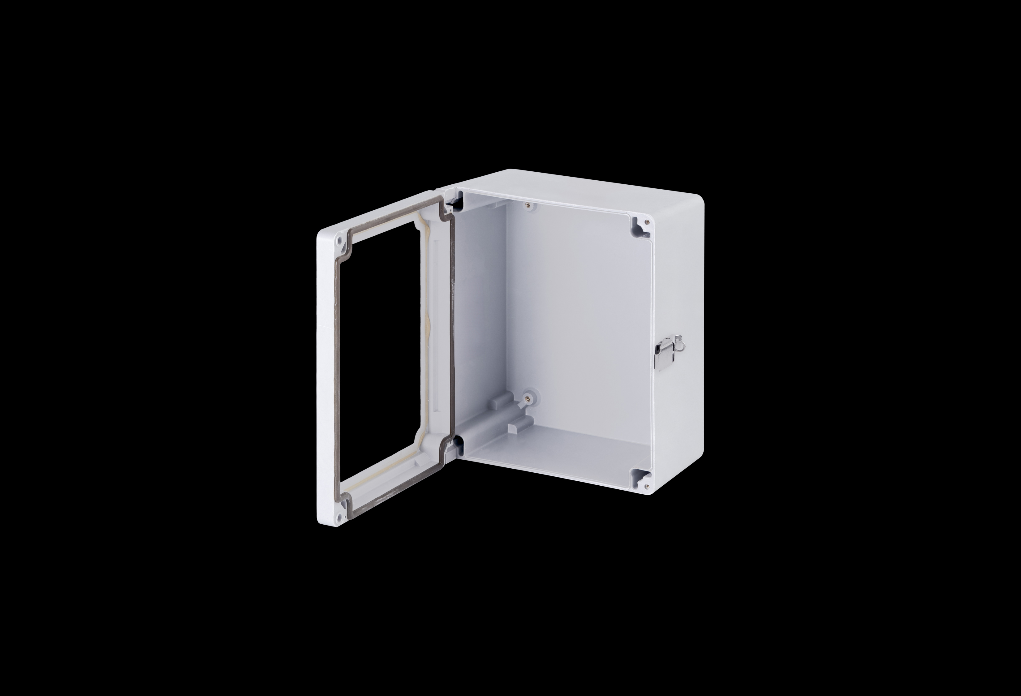 CLW1109HPL-QFL-Open.jpg Fiberglass Enclosure 11H x 9W x 6D Inches Classic Series with Window and Hinged, Padlockable Latch Cover by Stahlin