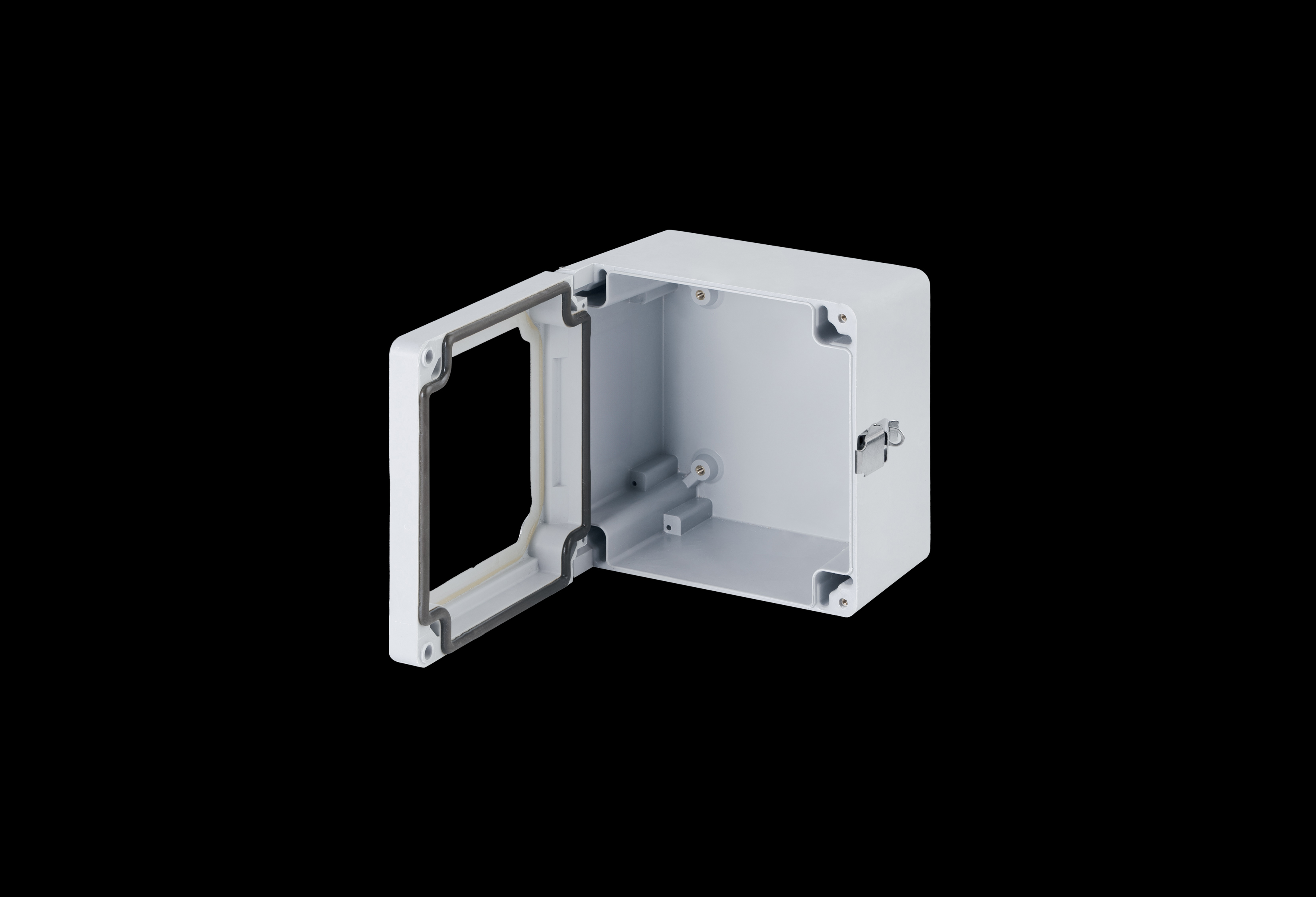 CLW707HPL-QFL-Open.jpg Fiberglass Enclosure 7 x 7 x 5 Inches Classic Series with Window and Hinged, Padlockable Latch Cover by Stahlin
