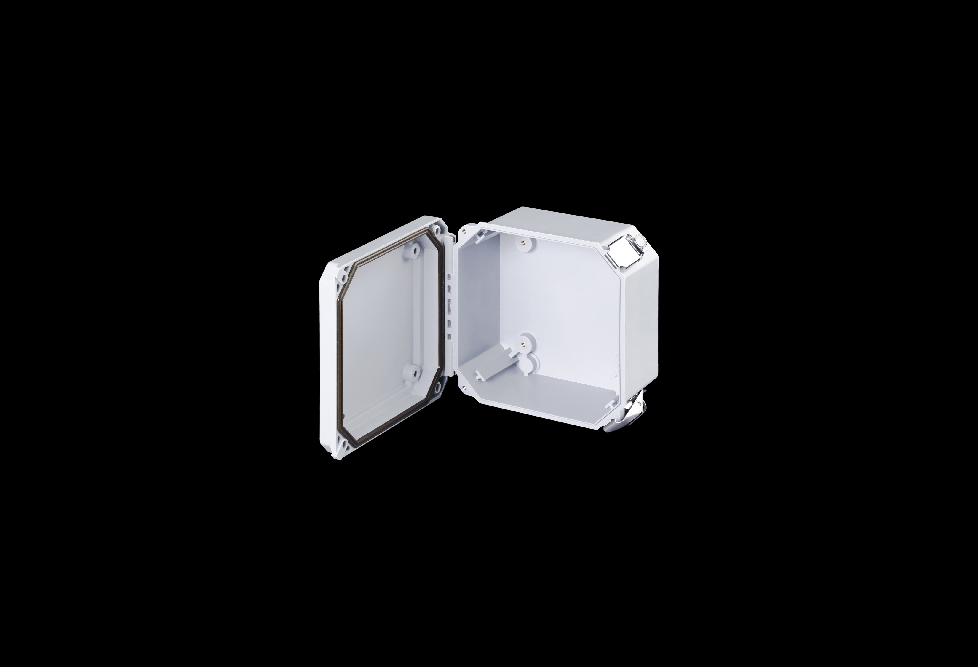 DS60604HPL-QFL-Open.jpg Fiberglass Enclosure 6 x 6 x 4 Inches with Diamond Shield Series Hinged, 2 Lockable Pull Latches Opaque Cover by Stahlin