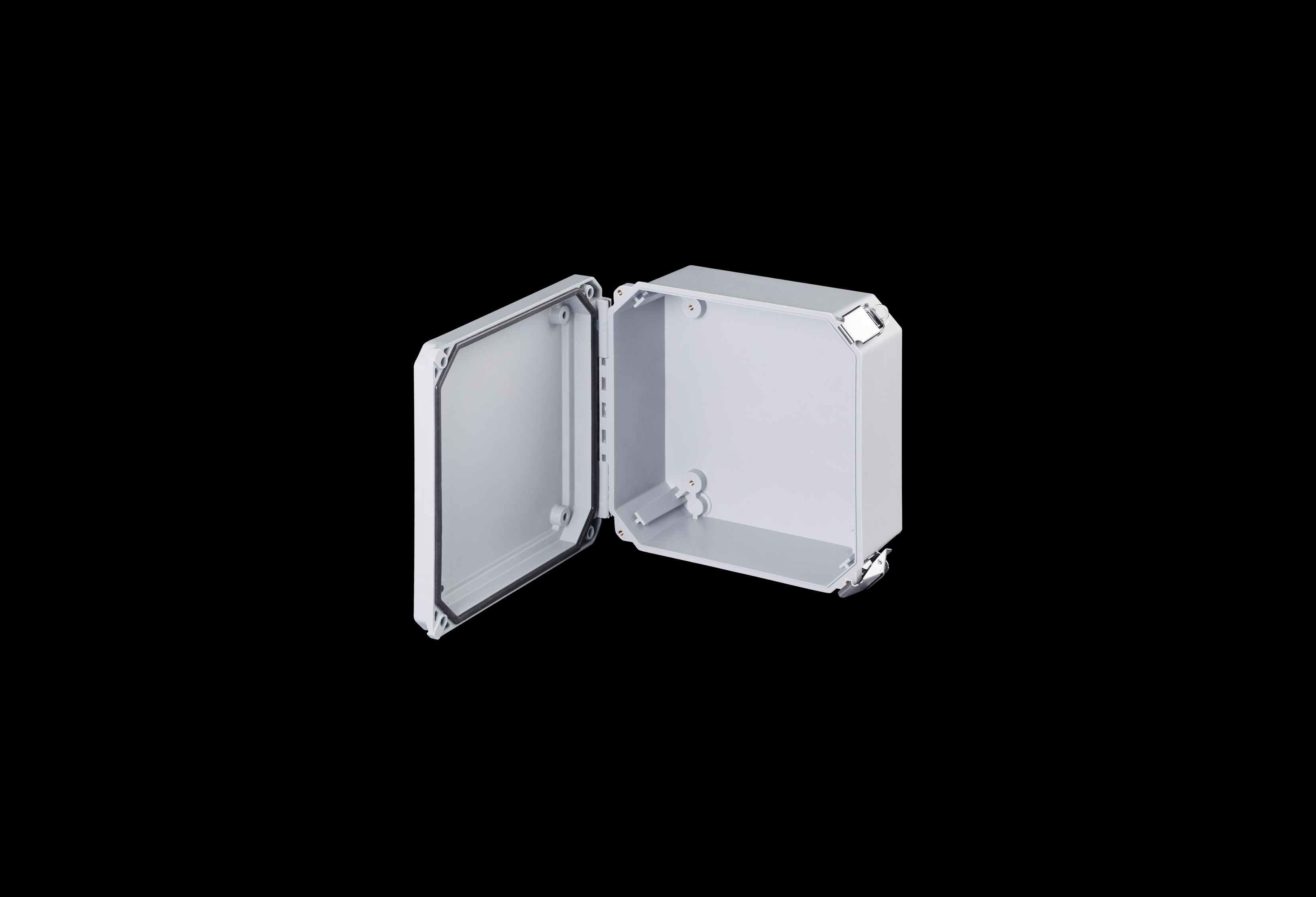 DS80804HPL-QFL-Open.jpg Fiberglass Enclosure 8 x 8 x 4 Inches Diamond Shield Series with Hinged, 2 Lockable Pull Latches Opaque Cover by Stahlin