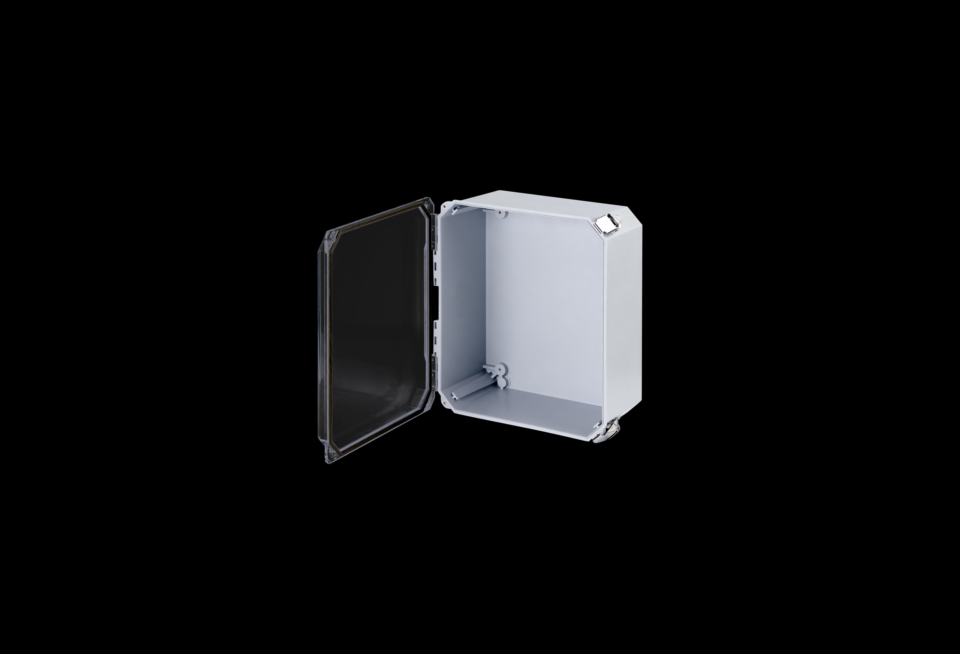 DSCC121006HPL-QFL-Open.jpg Fiberglass Enclosure 10 x 8 x 6 Inches Diamond Shield Series with Hinged, 2 Lockable Pull Latches Clear Cover by Stahlin