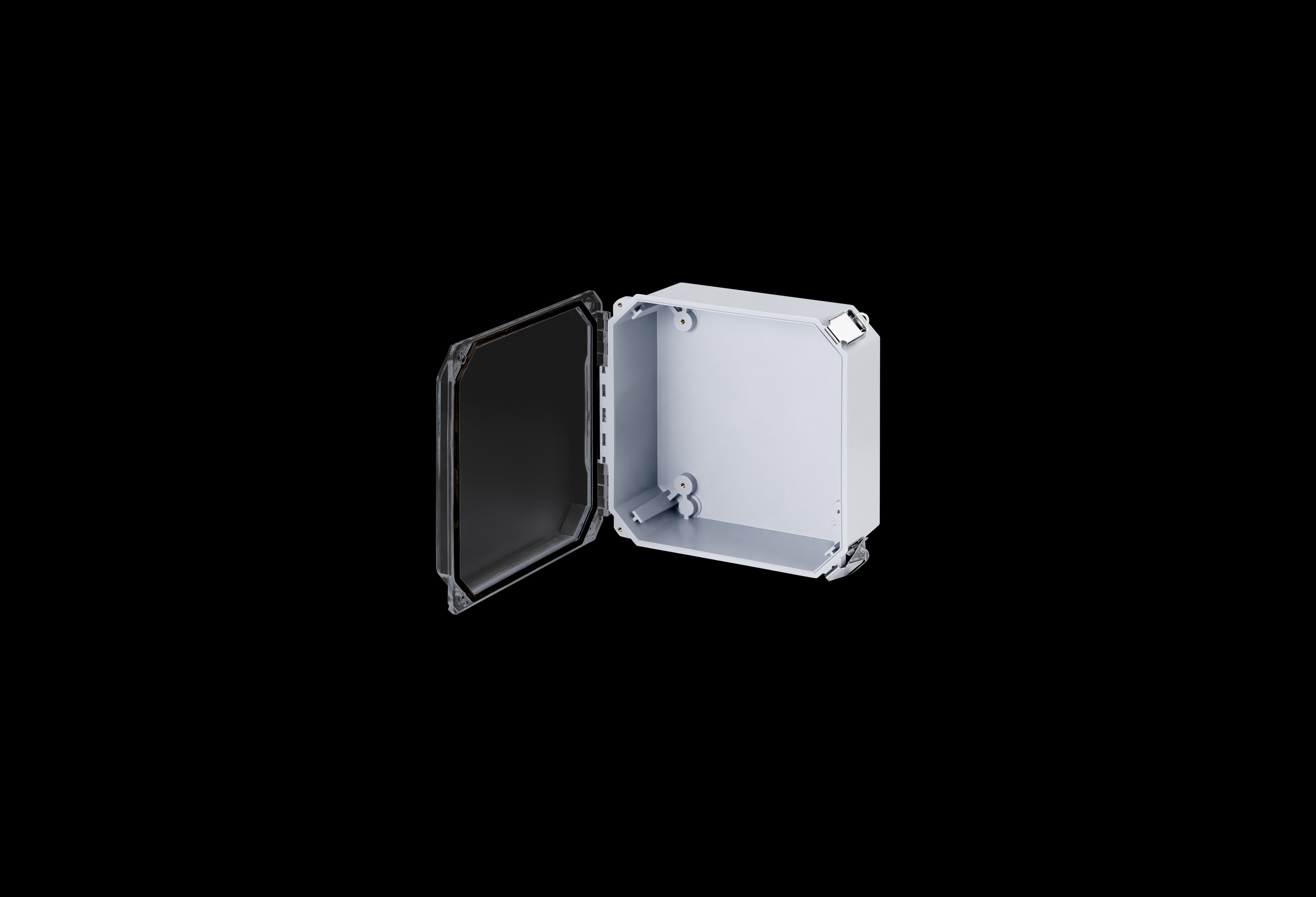 DSCC80804HPL-QFL-Open.jpg Fiberglass Enclosure 6 x 6 x 4 Inches Diamond Shield Series with Hinged, 2 Lockable Pull Latches Clear Cover by Stahlin