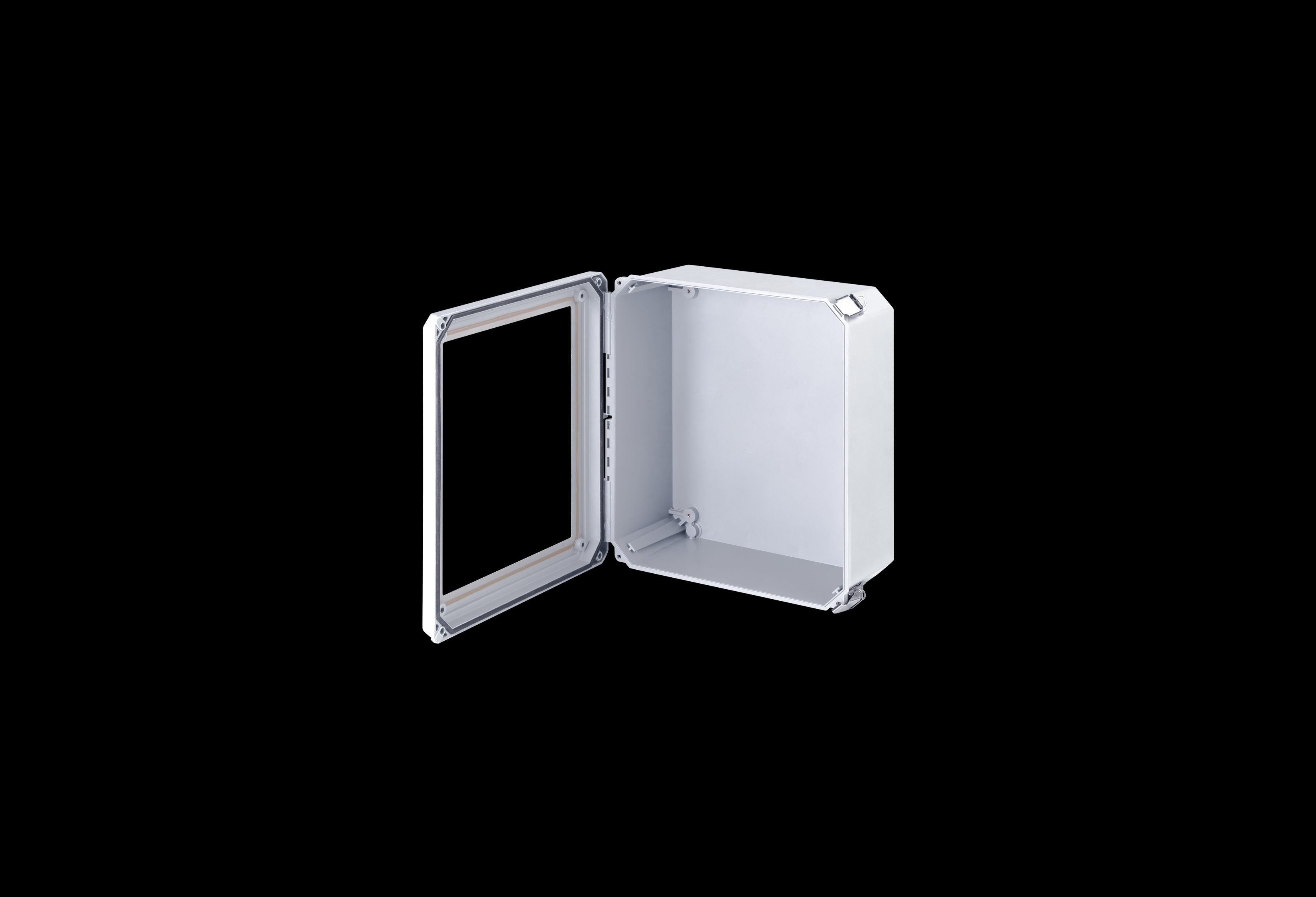 DSW141206HPL-QFL-Open.jpg Fiberglass Enclosure 10 x 8 x 6 Inches Diamond Shield Series with Window and Hinged, 2 Lockable Pull Latches Opaque Cover by Stahlin