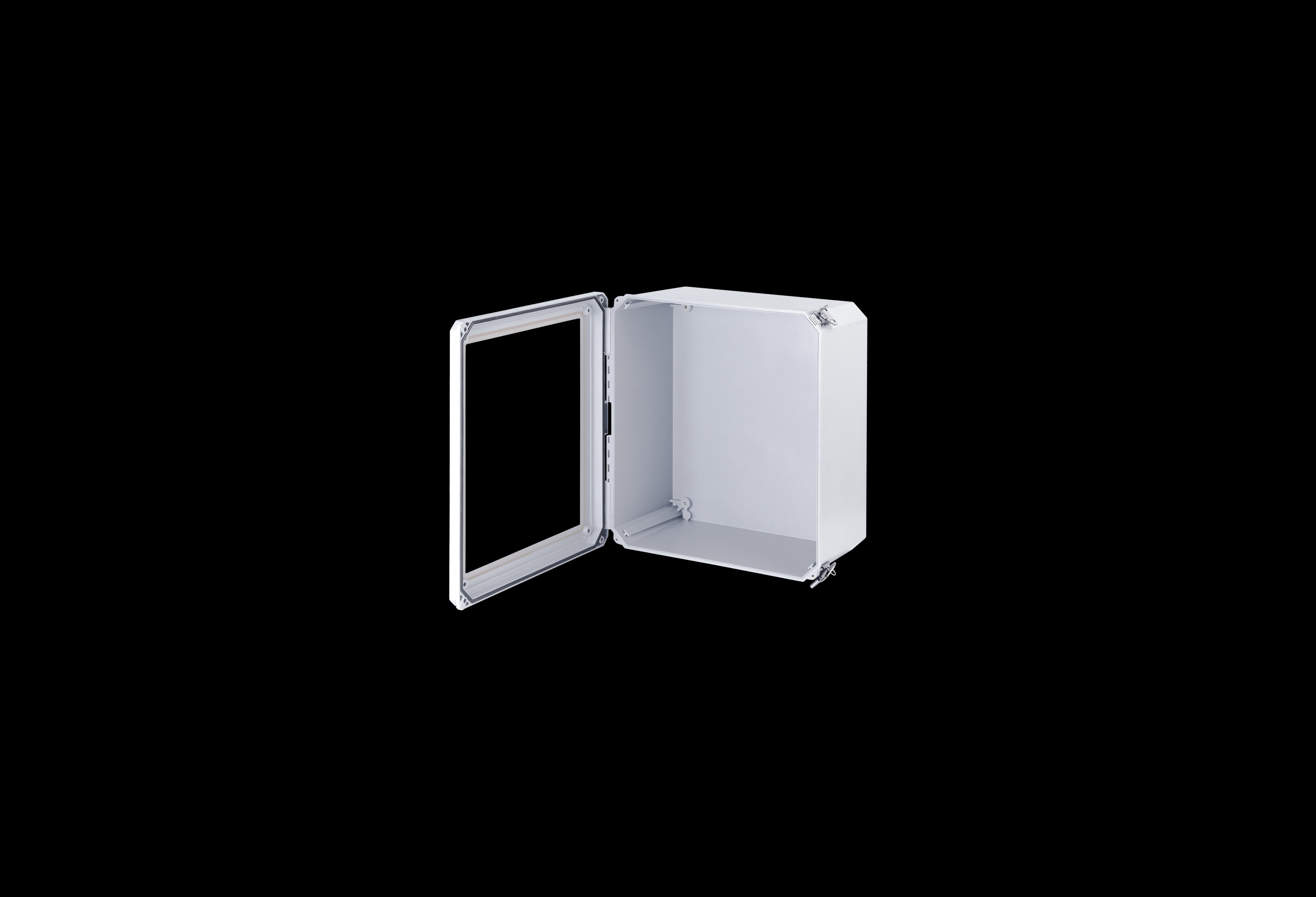 DSW161408HLL-QFL-Open.jpg Fiberglass Enclosure 10 x 8 x 6 Inches Diamond Shield Series with Window and Hinged, 2 Lockable Link Latches Opaque Cover by Stahlin