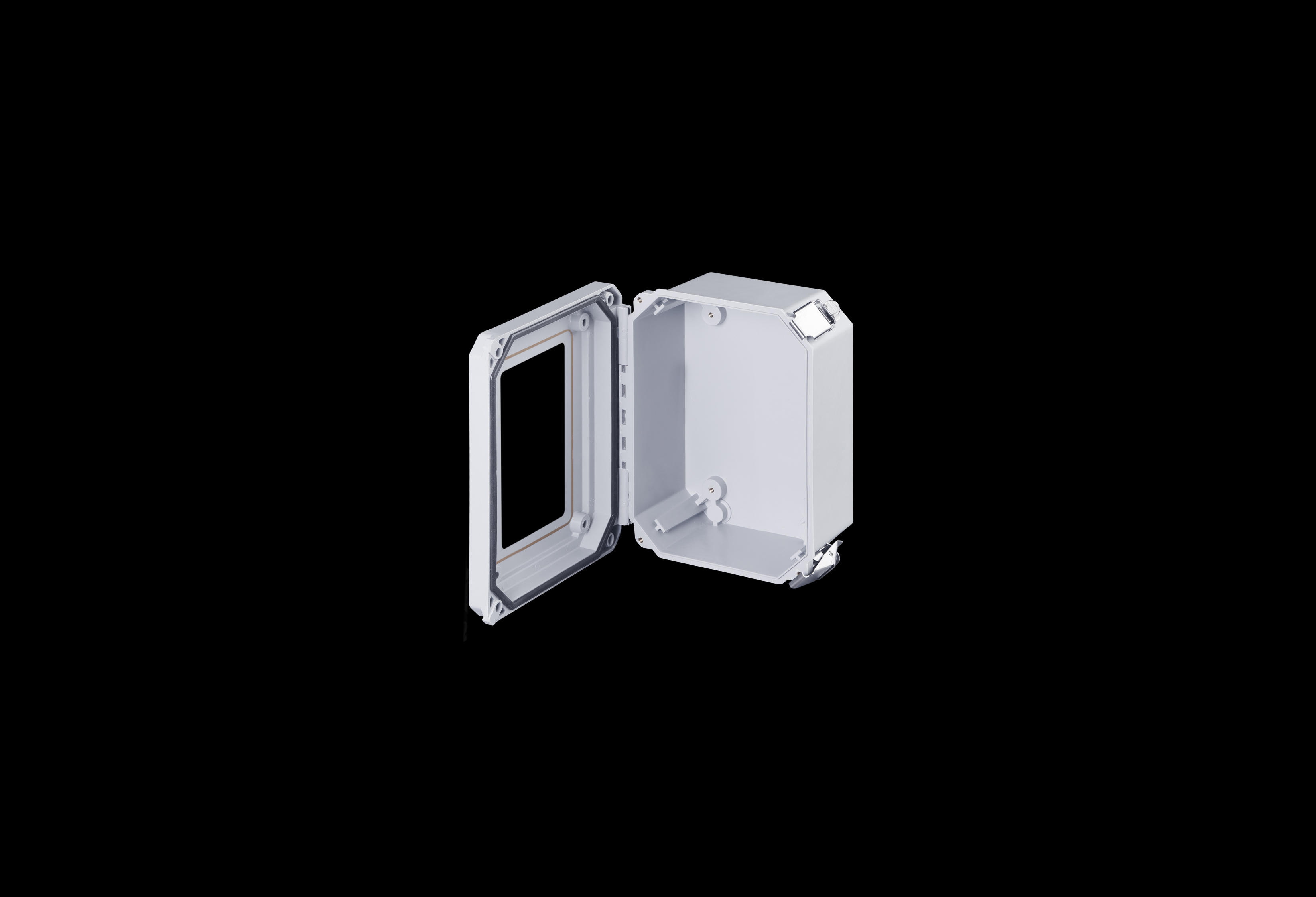 DSW80604HPL-QFL-Open.jpg Fiberglass Enclosure 8 x 6 x 4 Inches Diamond Shield Series with Window and Hinged, 2 Lockable Pull Latches Opaque Cover by Stahlin