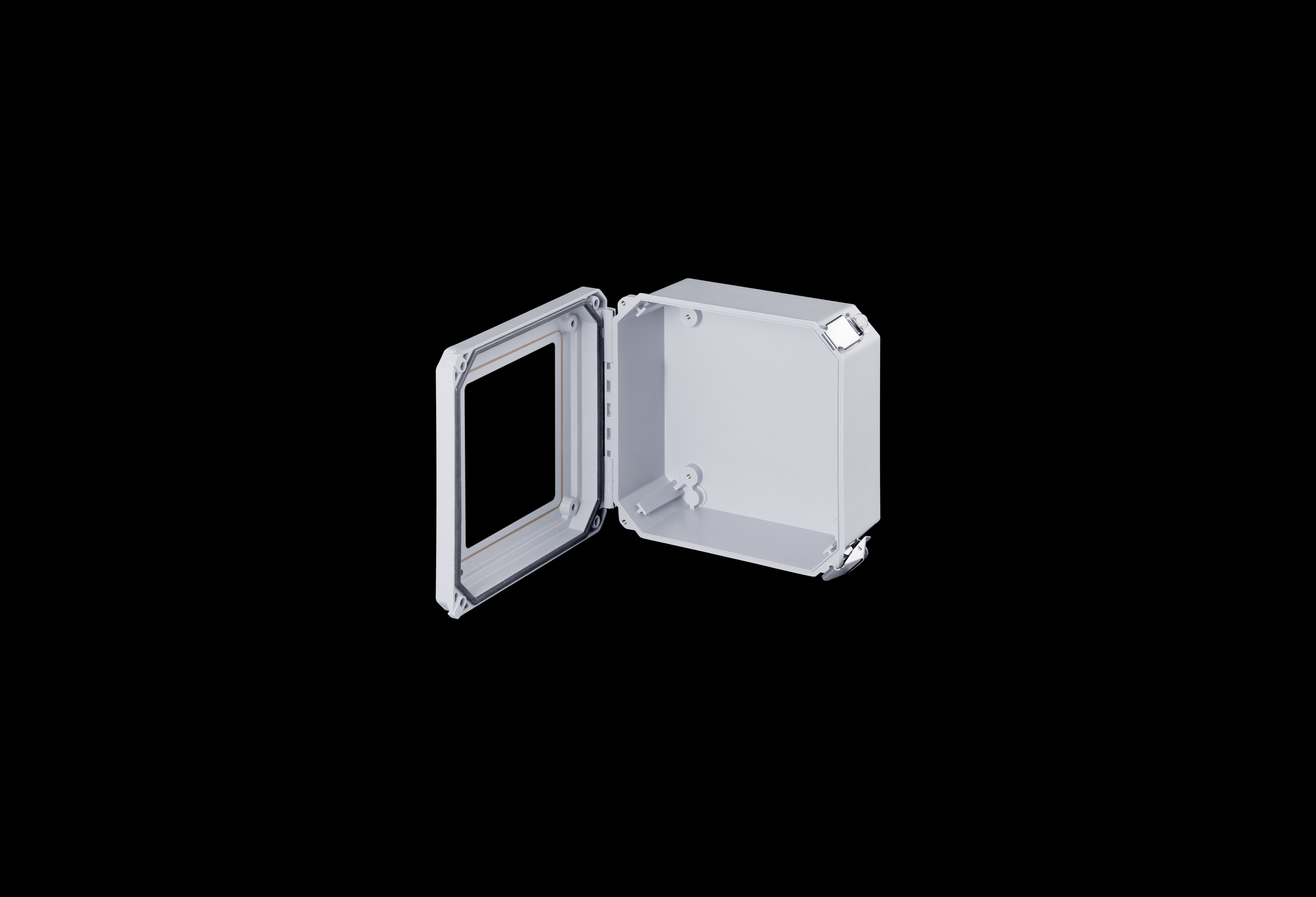 DSW80804HPL-QFL-Open.jpg Fiberglass Enclosure 6 x 6 x 4 Inches Diamond Shield Series with Window and Hinged, 2 Lockable Pull Latches Opaque Cover by Stahlin
