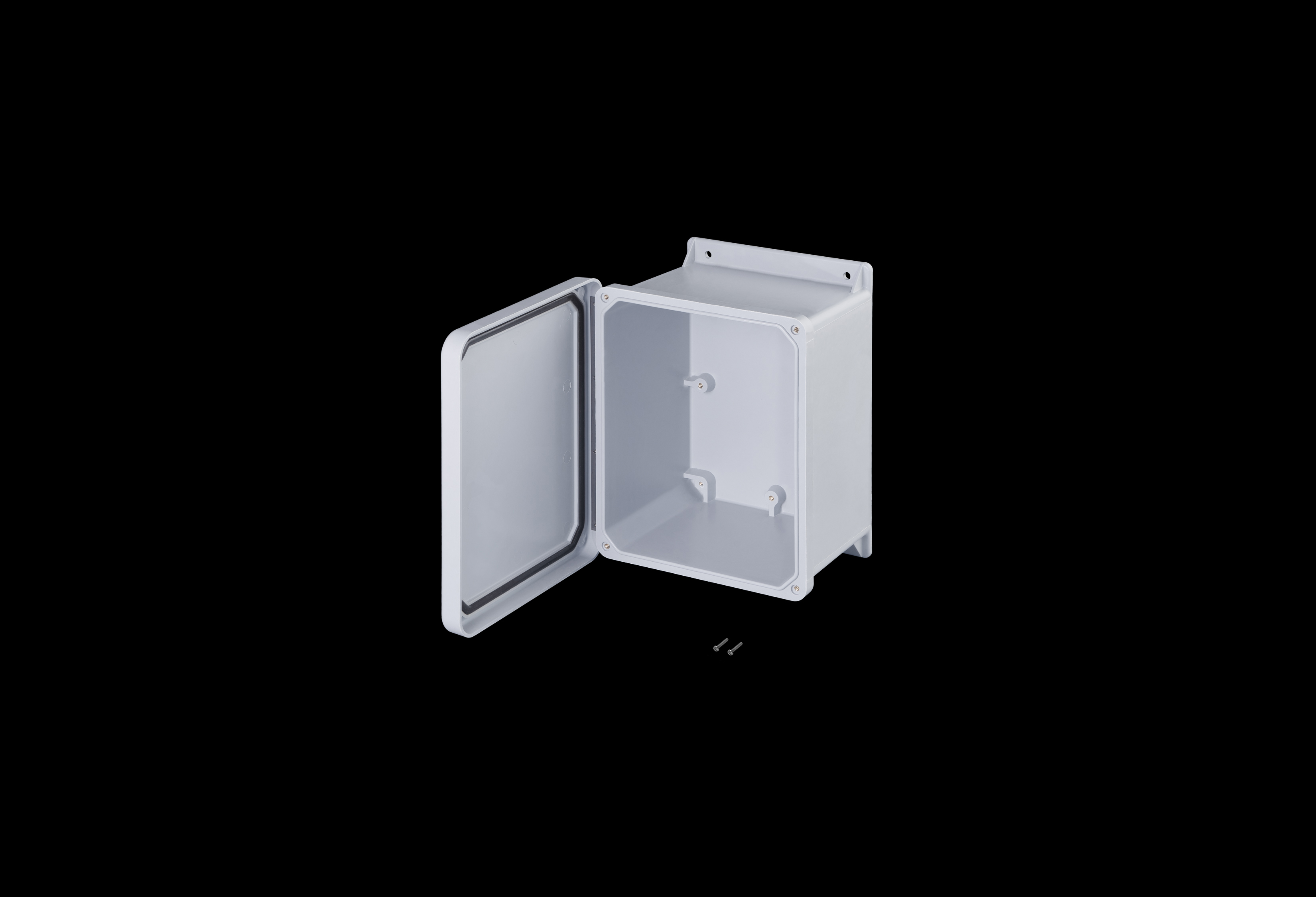 J100806HW-QFL-Open.jpg Fiberglass Enclosure 10 x 8 x 6 Inches J Series with Hinged, Screw Down Opaque Cover by Stahlin
