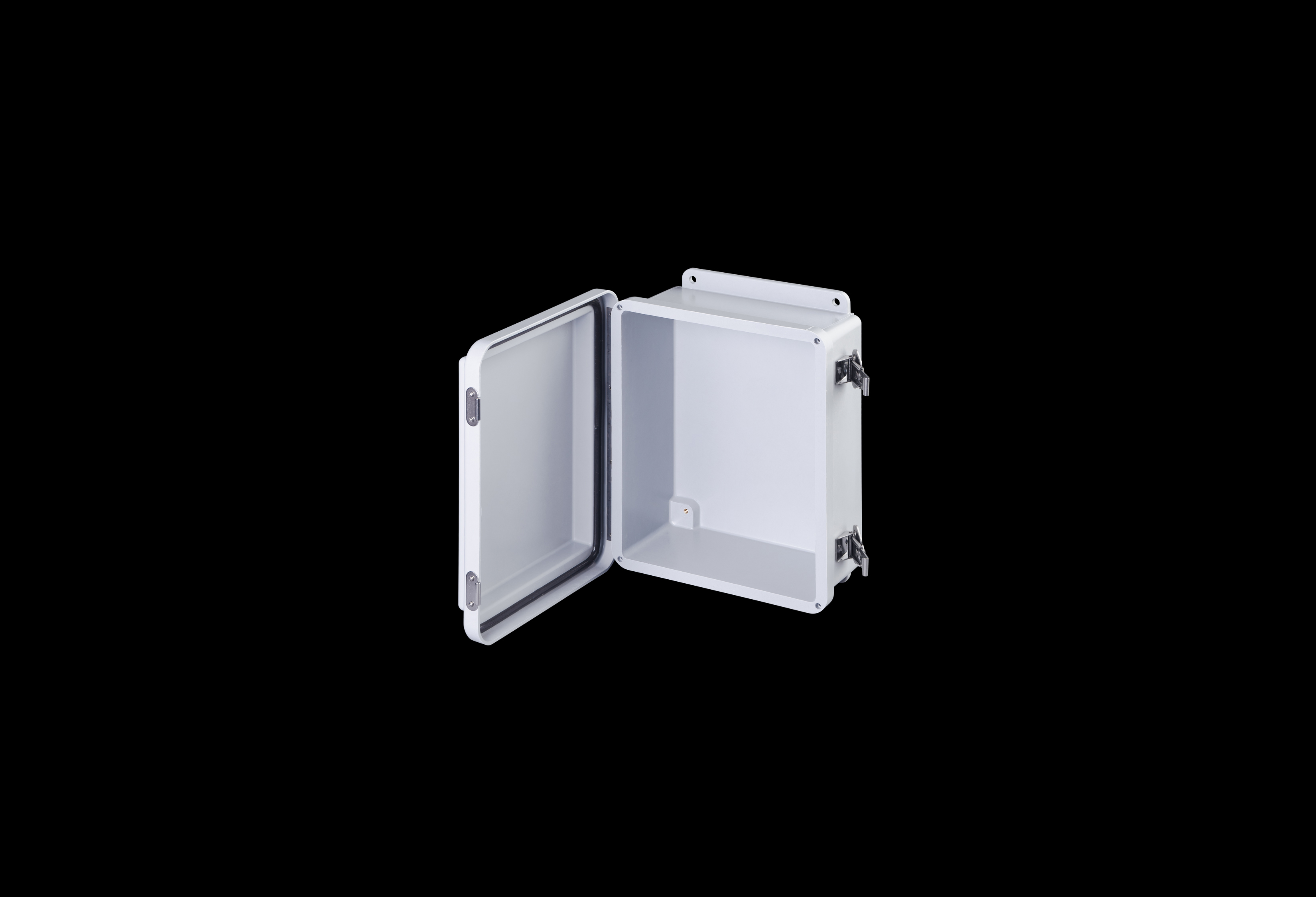 J1008HALL-QFL-Open.jpg Fiberglass Enclosure 10 x 8 x 5 Inches J Series with Hinged, Twist Latch Opaque Cover by Stahlin