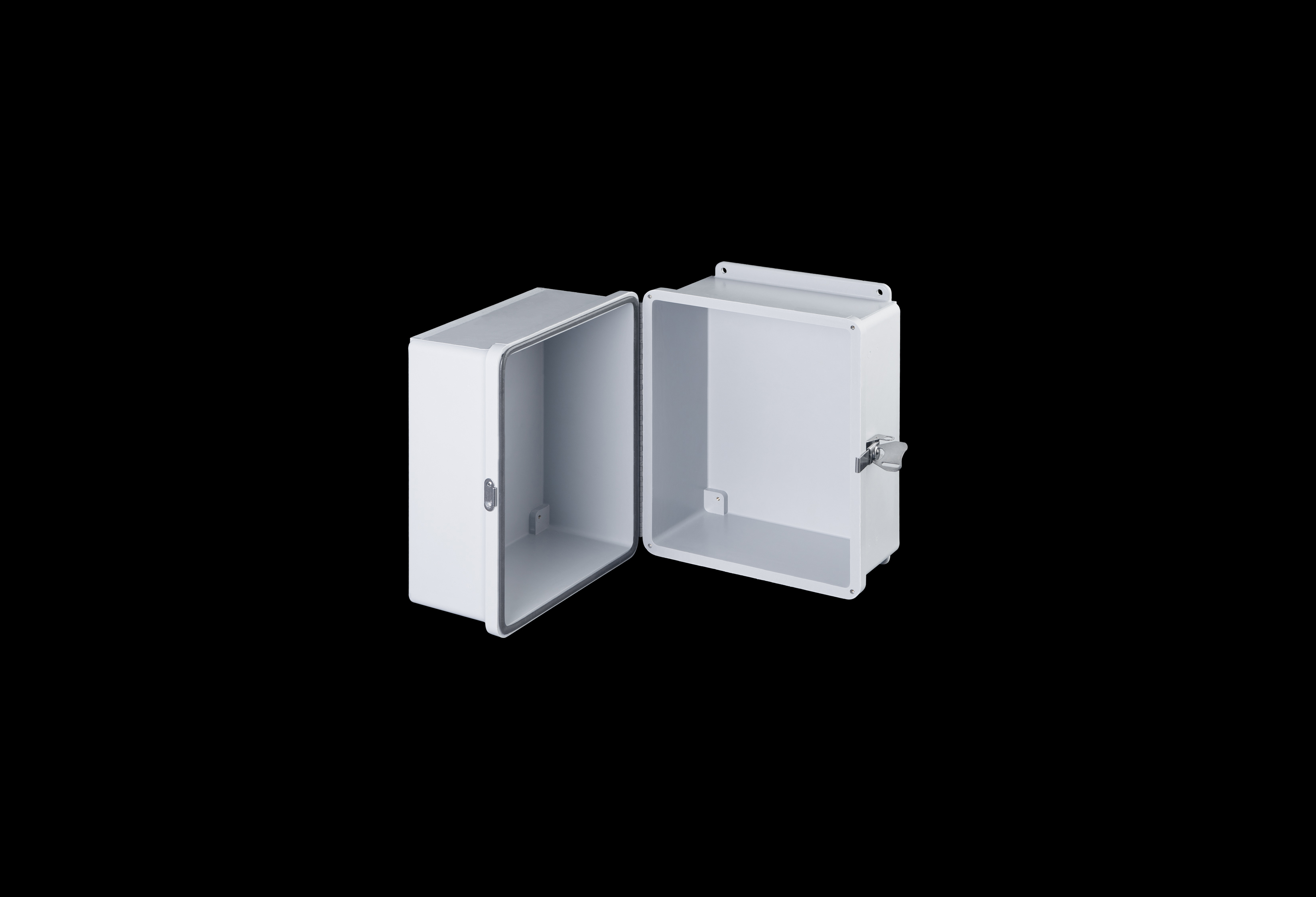 J121010SSH-QFL-Open.jpg Fiberglass Enclosure 10 x 8 x 8 Inches Fatboy Series with Hinged, Latched Opaque Cover by Stahlin