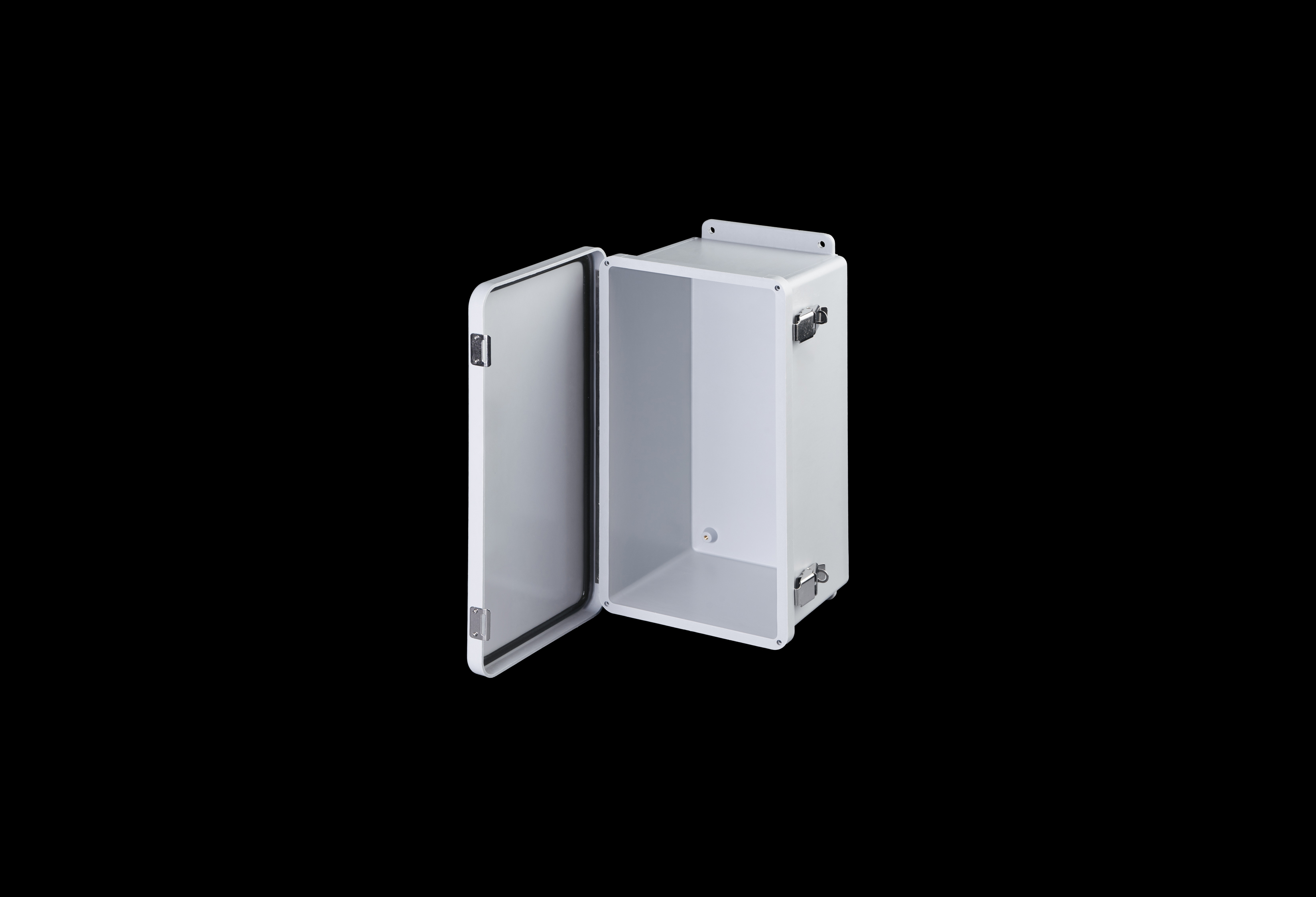 J1407HPL-QFL-Open.jpg Fiberglass Enclosure 14 x 7 x 6 Inches J Series with Hinged, Latched Opaque Cover by Stahlin