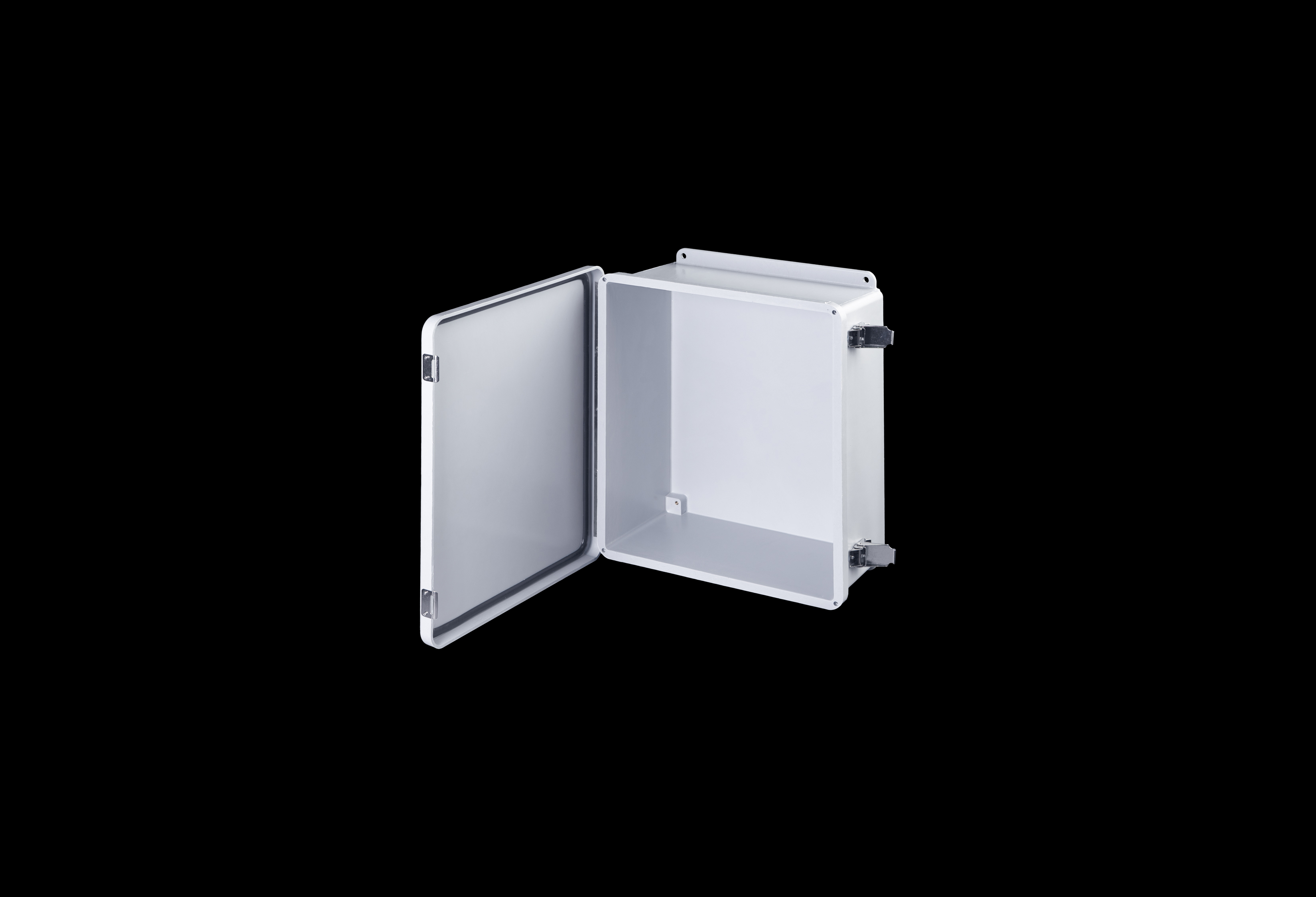 J1412HPL-QFL-Open.jpg Fiberglass Enclosure 10 x 8 x 4 Inches J Series with Hinged, Latched Opaque Cover by Stahlin