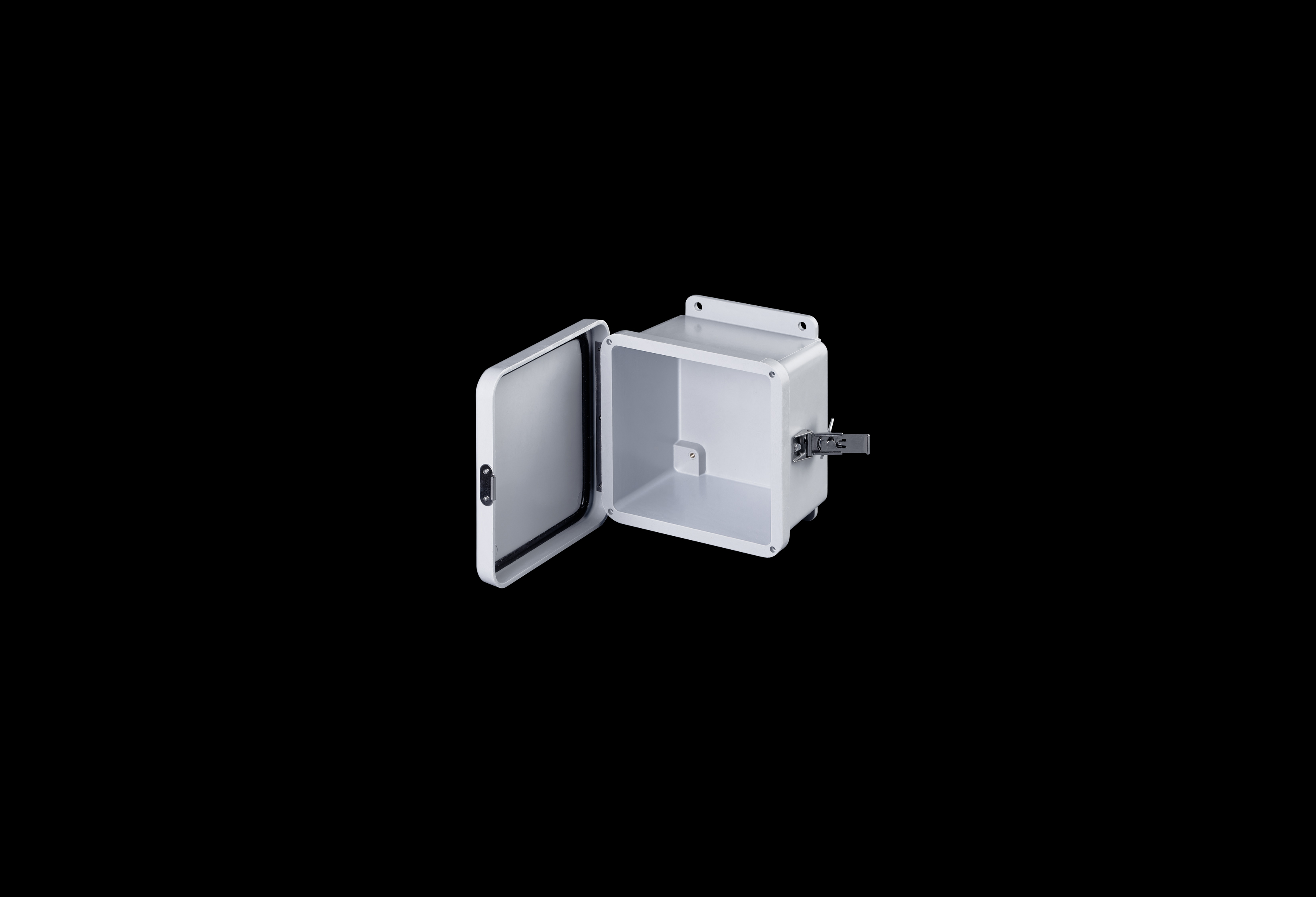 J606HLL-QFL-Open.jpg Fiberglass Enclosure 6 x 6 x 4 Inches J Series with Hinged, Twist Latch Opaque Cover by Stahlin