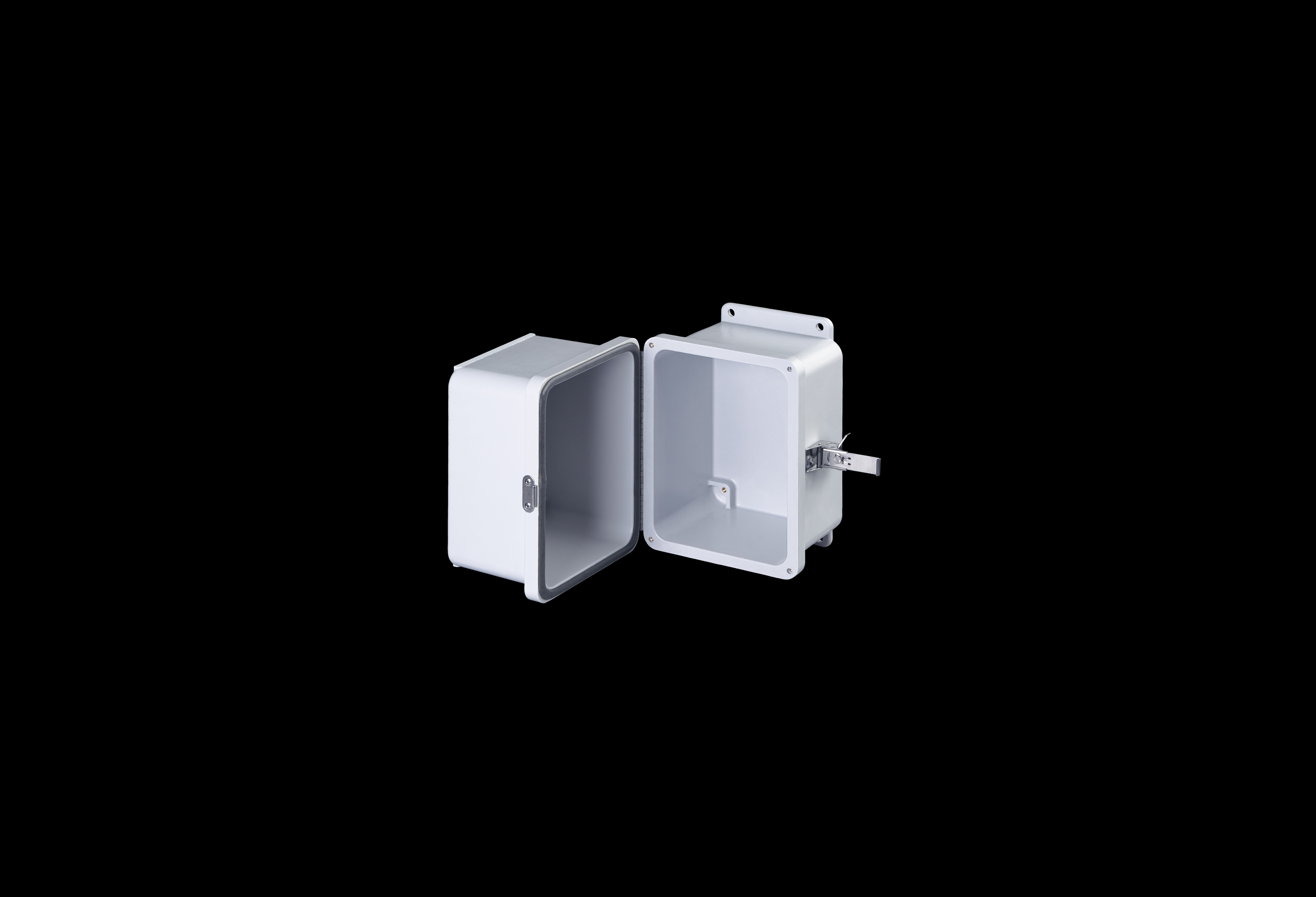 J8068SSH-QFL-Open.jpg Fiberglass Enclosure 8 x 6 x 8 Inches Fatboy Series with Hinged, Latched Opaque Cover by Stahlin