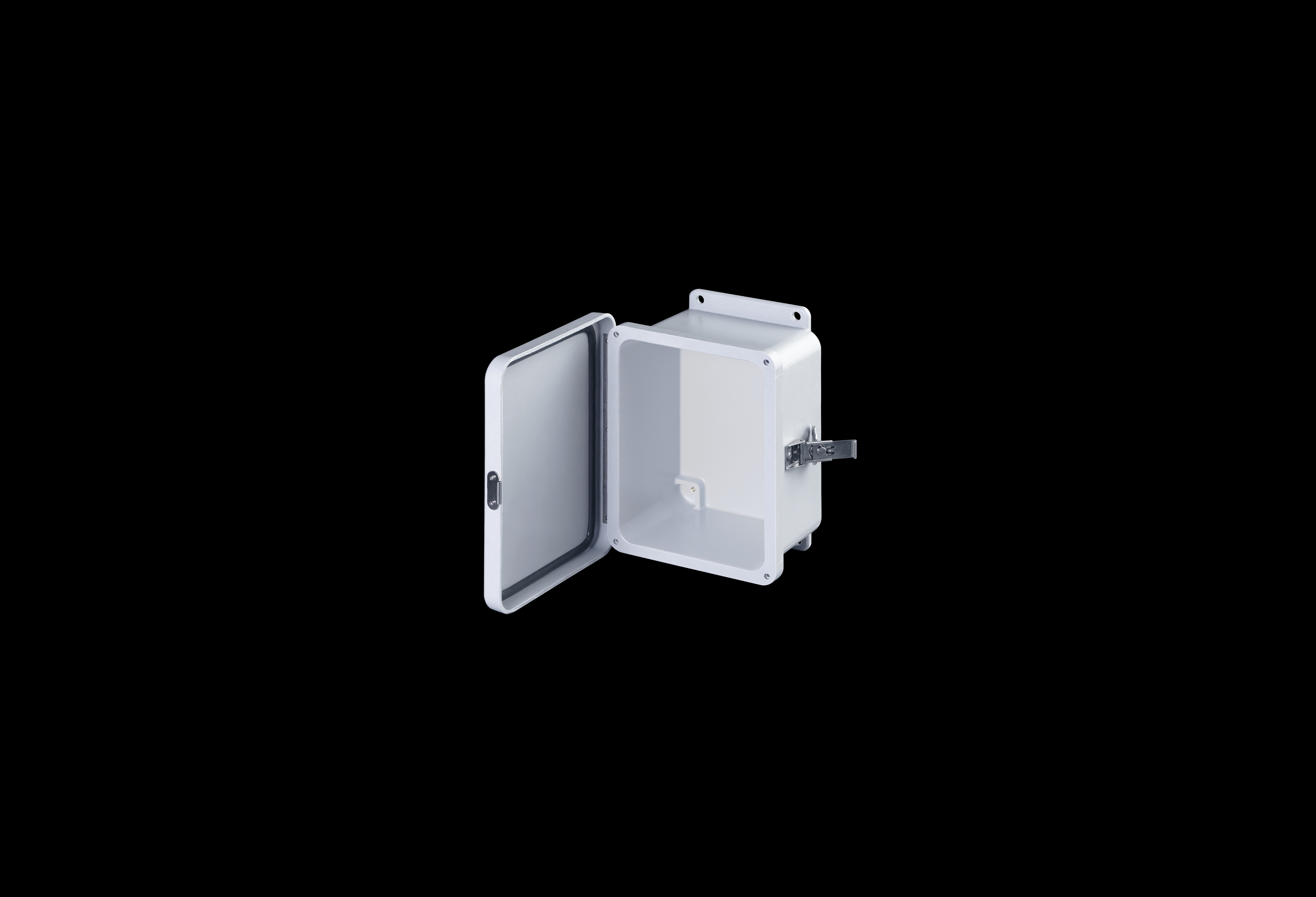 J806HLL-QFL-Open.jpg Fiberglass Enclosure 6 x 4 x 4 Inches J Series with Hinged, Twist Latch Opaque Cover by Stahlin
