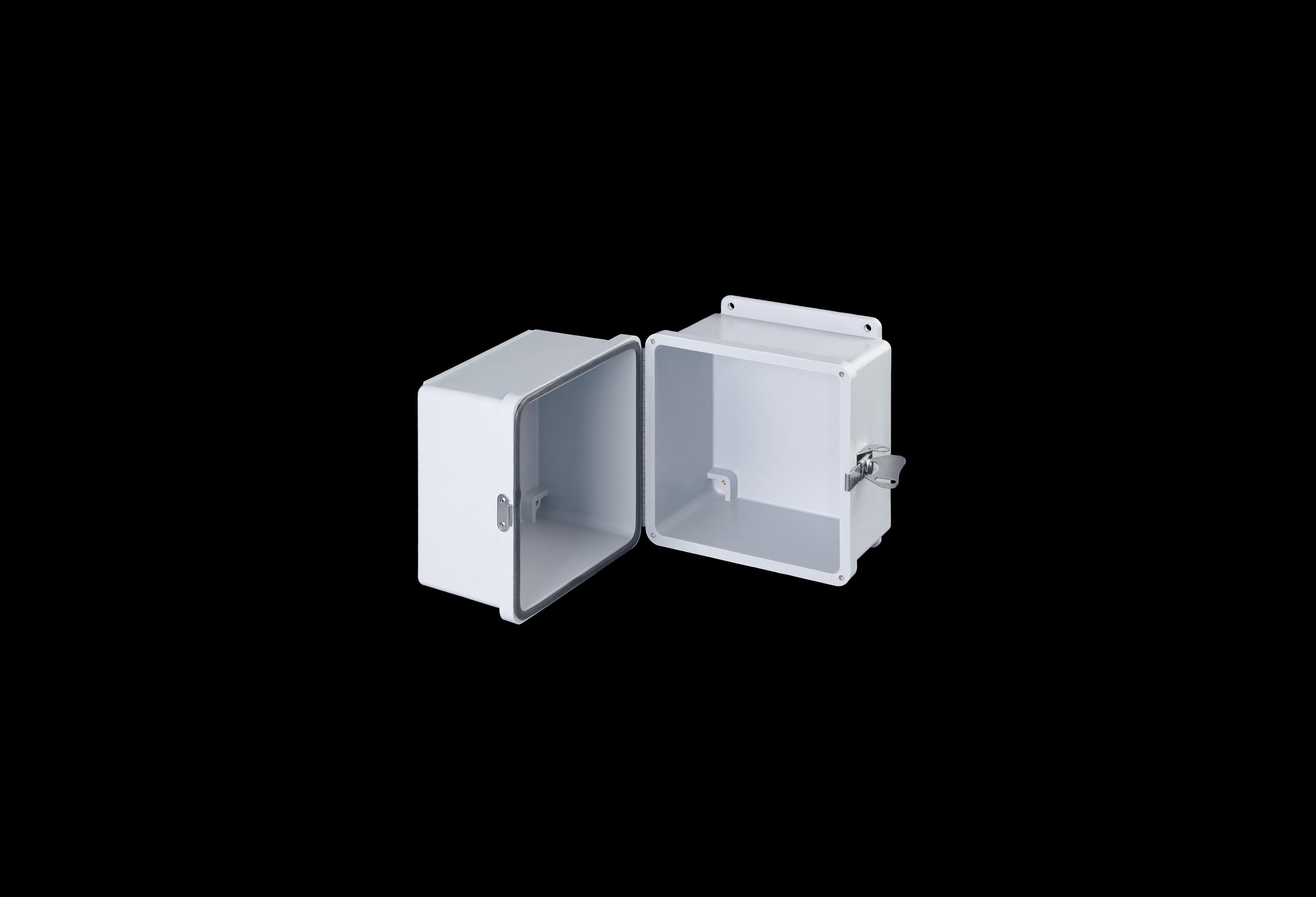 J8088SSH-QFL-Open.jpg Fiberglass Enclosure 8 x 8 x 8 Inches Fatboy Series with Hinged, Latched Opaque Cover by Stahlin