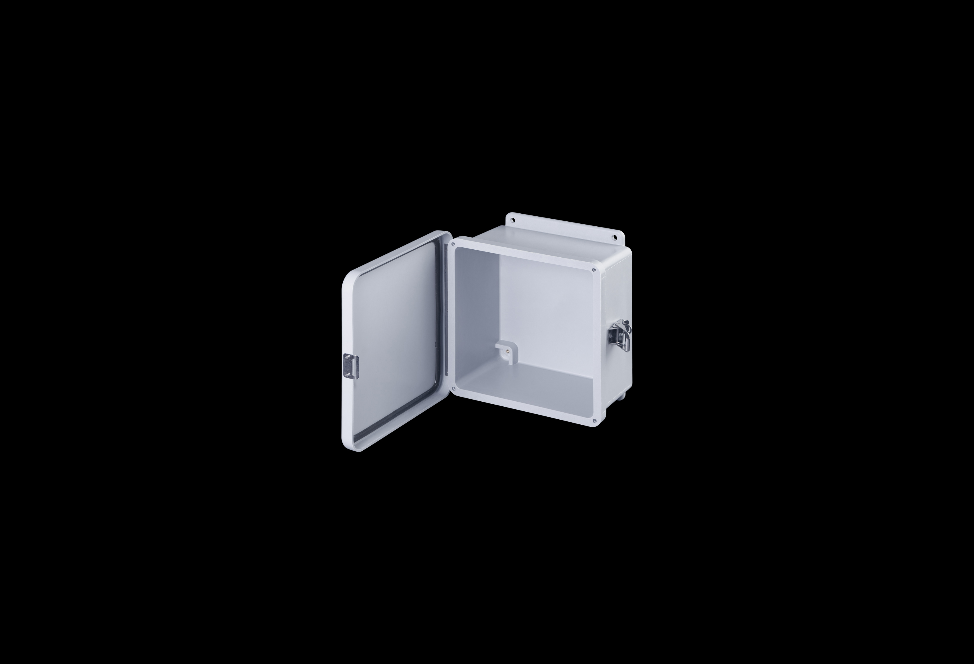 J808HPL-QFL-Open.jpg Fiberglass Enclosure 8 x 8 x 4 Inches J Series with Hinged, Latched Opaque Cover by Stahlin