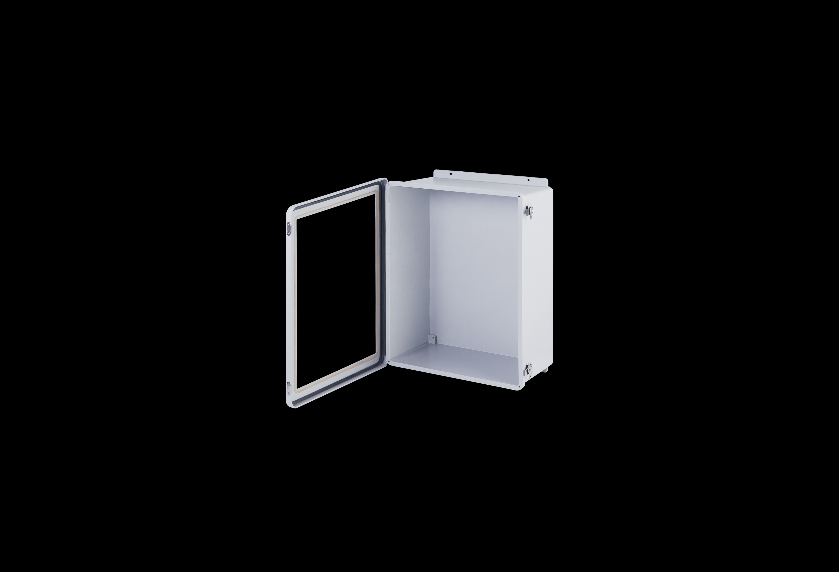 JW2016HLL-QFL-Open.jpg Fiberglass Enclosure 18 x 16 x 8 Inches J Series with Window and Hinged, Twist Latch Opaque Cover by Stahlin