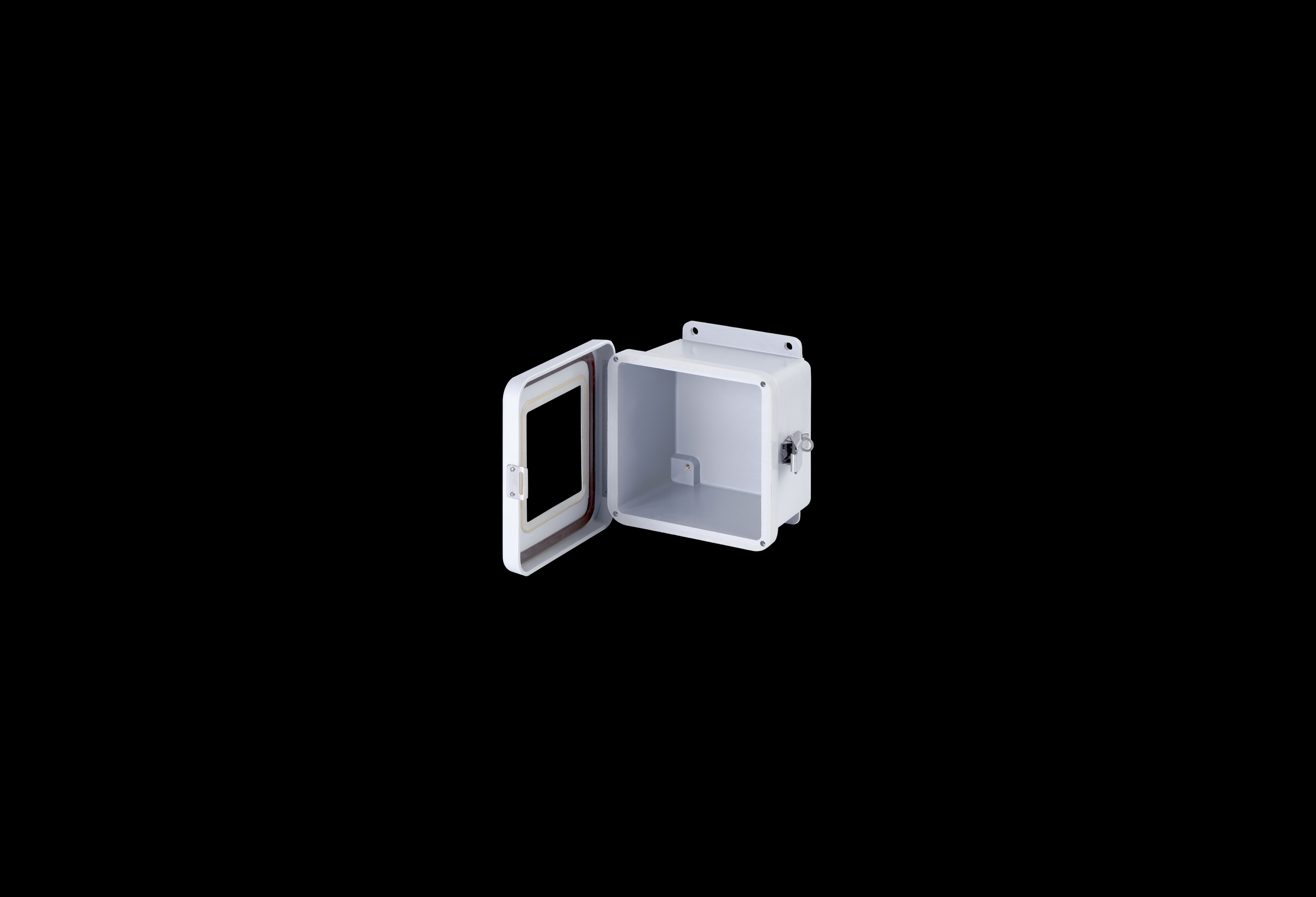 JW606HPL-QFL-Open.jpg Fiberglass Enclosure 6 x 6 x 4 Inches J Series with Window and Hinged, Latched Opaque Cover by Stahlin
