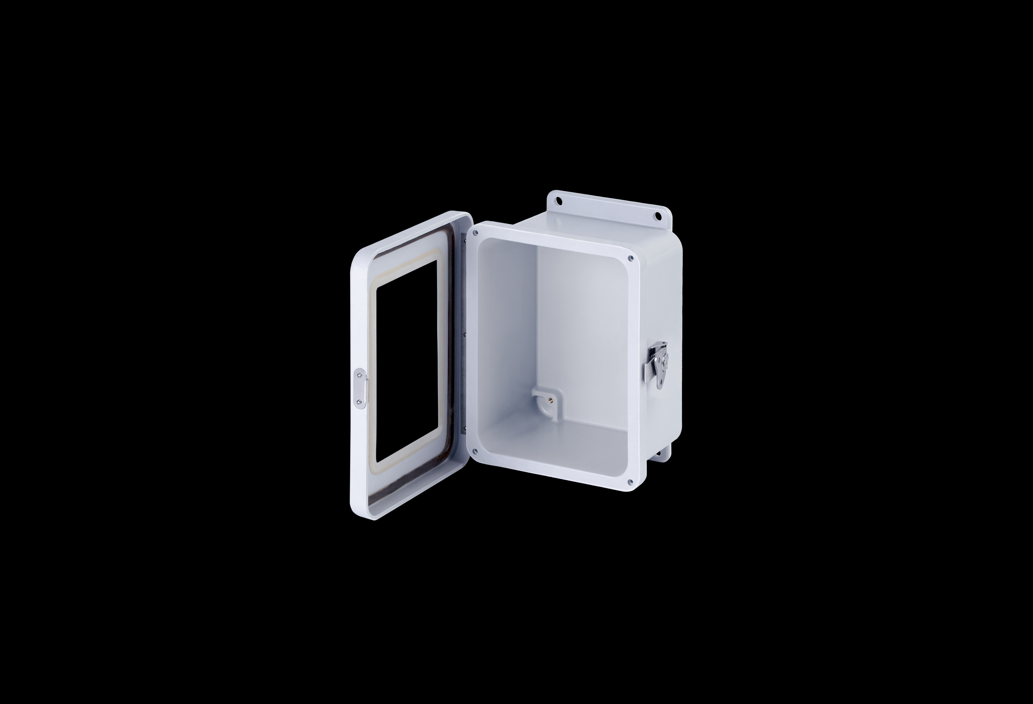 JW806HLL-QFL-Open.jpg Fiberglass Enclosure 6 x 4 x 4 Inches J Series with Window and Hinged, Twist Latch Opaque Cover by Stahlin