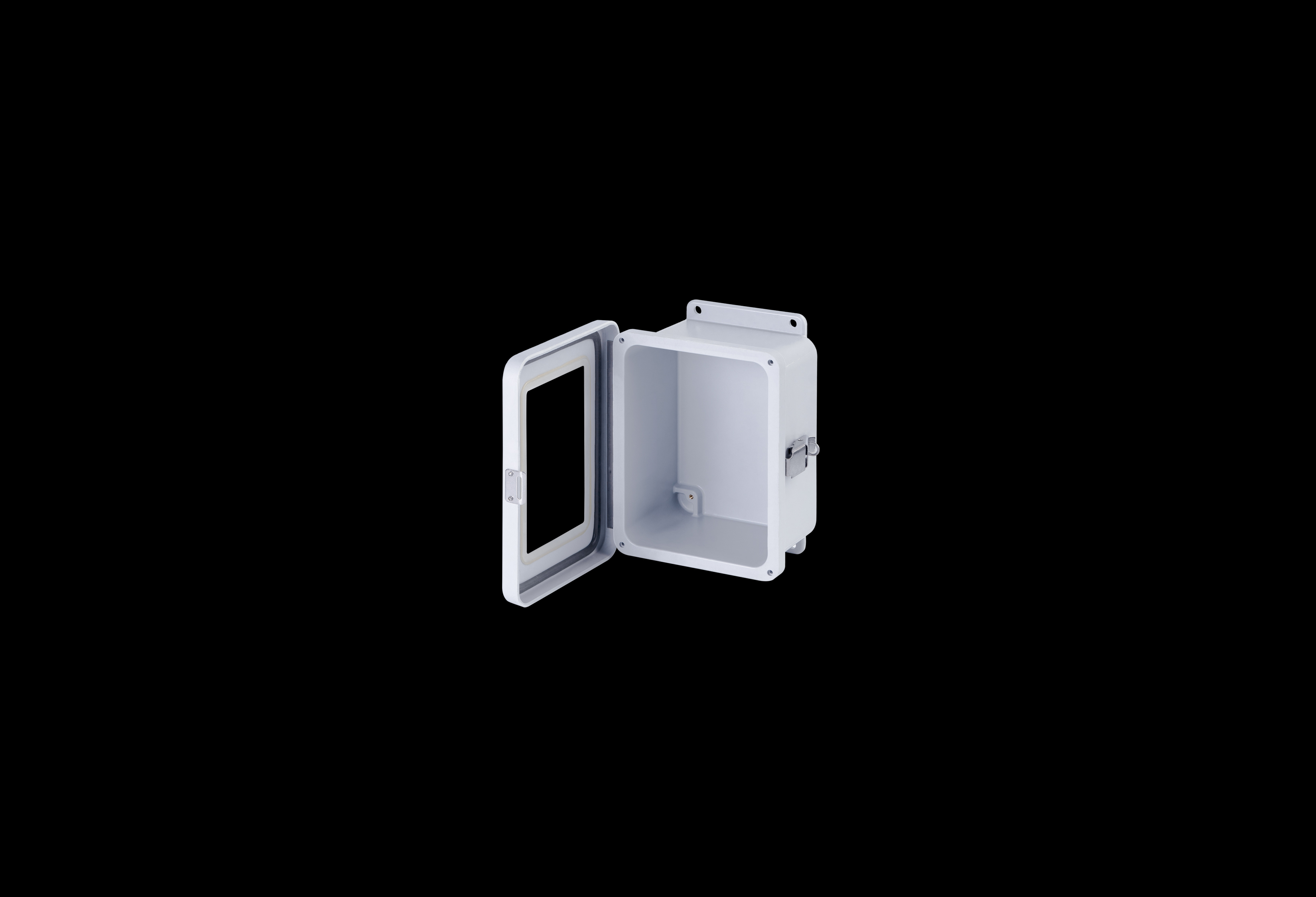 JW806HPL-QFL-Open.jpg Fiberglass Enclosure 6 x 4 x 4 Inches J Series with Window and Hinged, Latched Opaque Cover by Stahlin