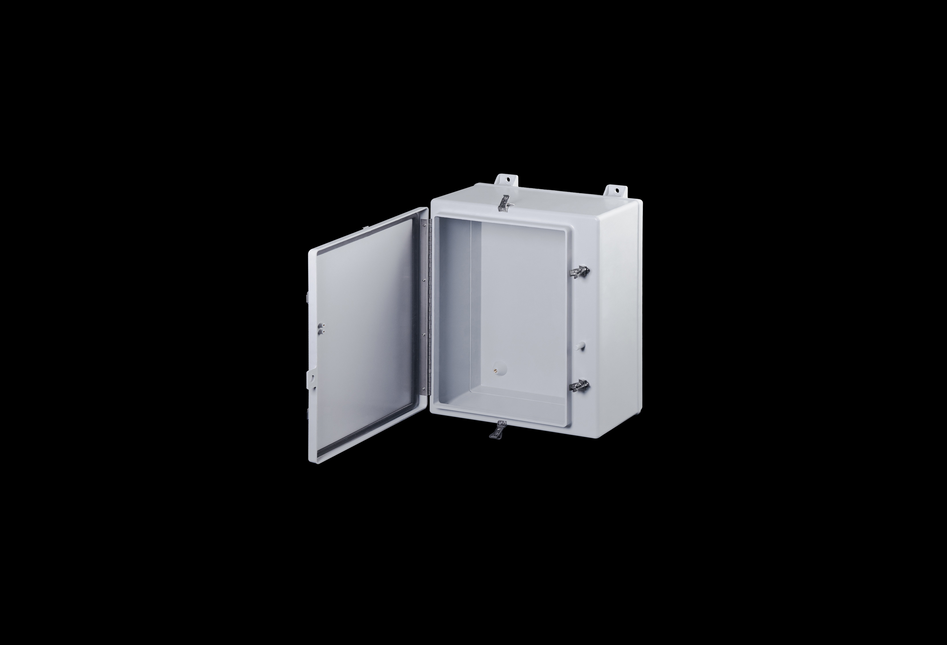 N24208HWT-QFL-Open.jpg Fiberglass Enclosure 20 x 20 x 8 Inches N Series with Stainless Steel Hinged, Latched Opaque Cover by Stahlin