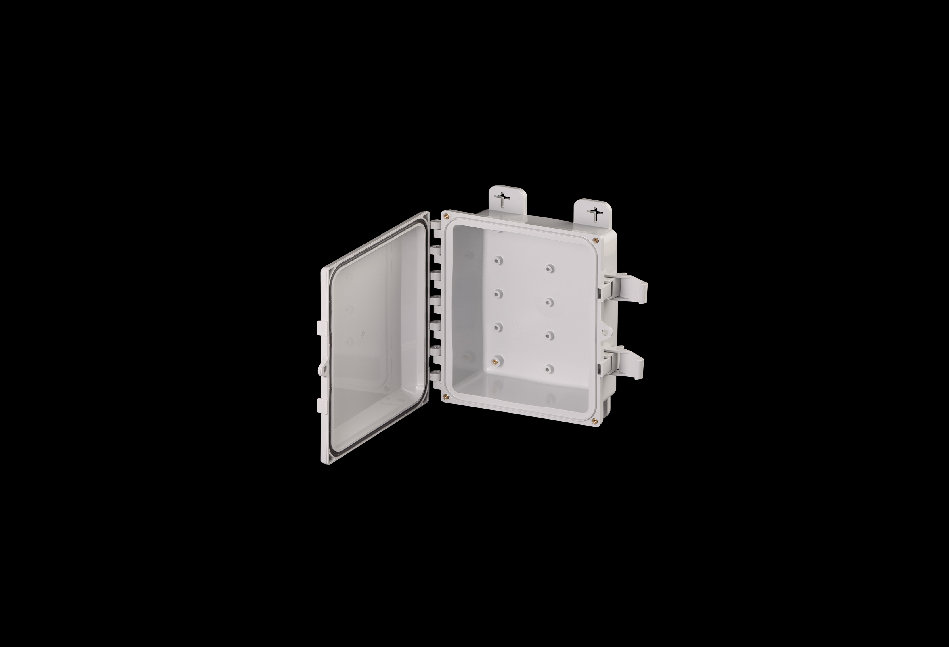 PC100803-QFL-Open.jpg Polycarbonate Low Profile Enclosure 10 x 8 x 3 Inches PolySlim™ Series with Opaque Cover by Stahlin