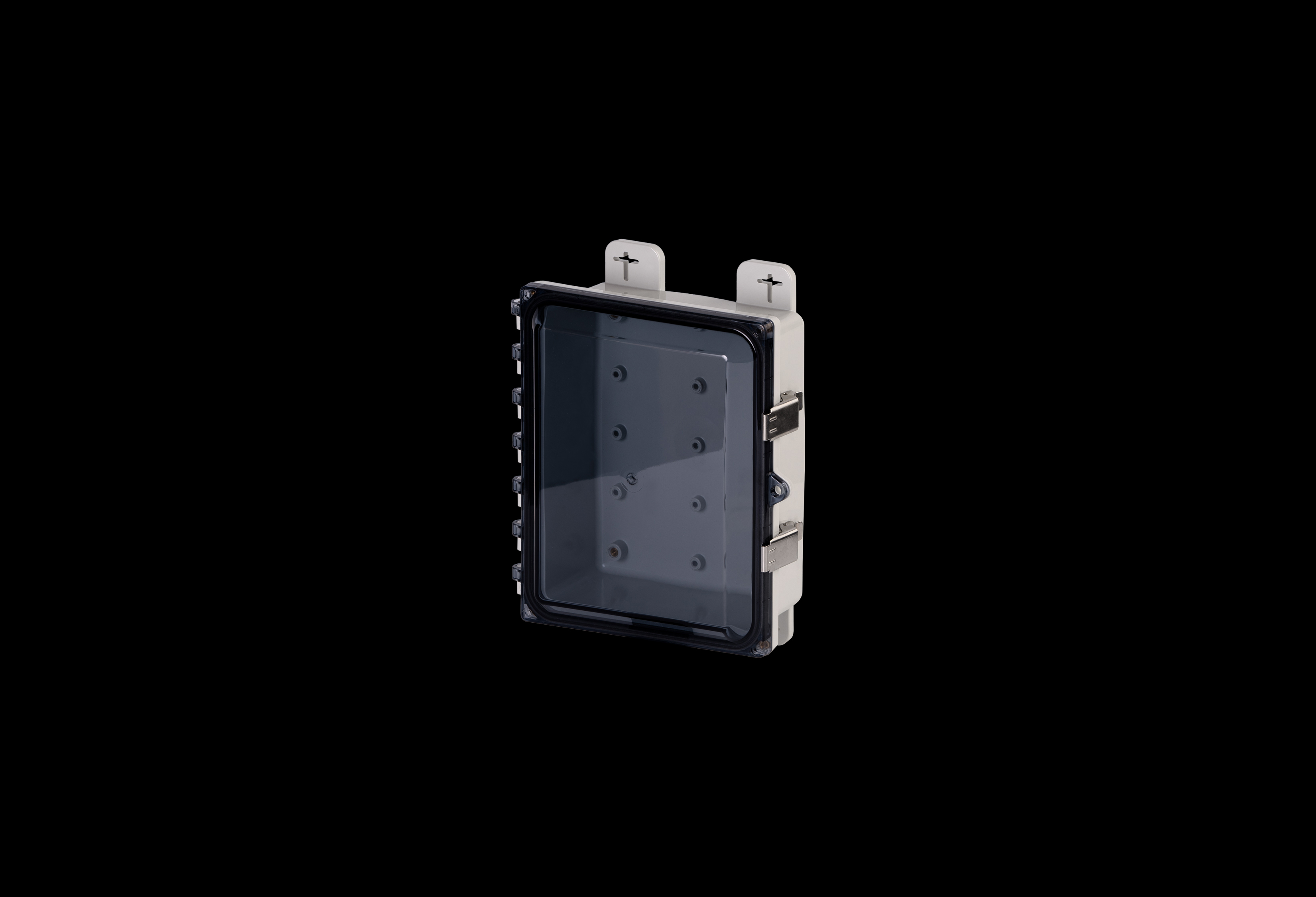 PC100803CCSS-QFL-Closed.jpg Polycarbonate Low Profile Enclosure 10 x 8 x 3 Inches PolySlim™ Series with Clear Cover and Stainless Steel Latches by Stahlin