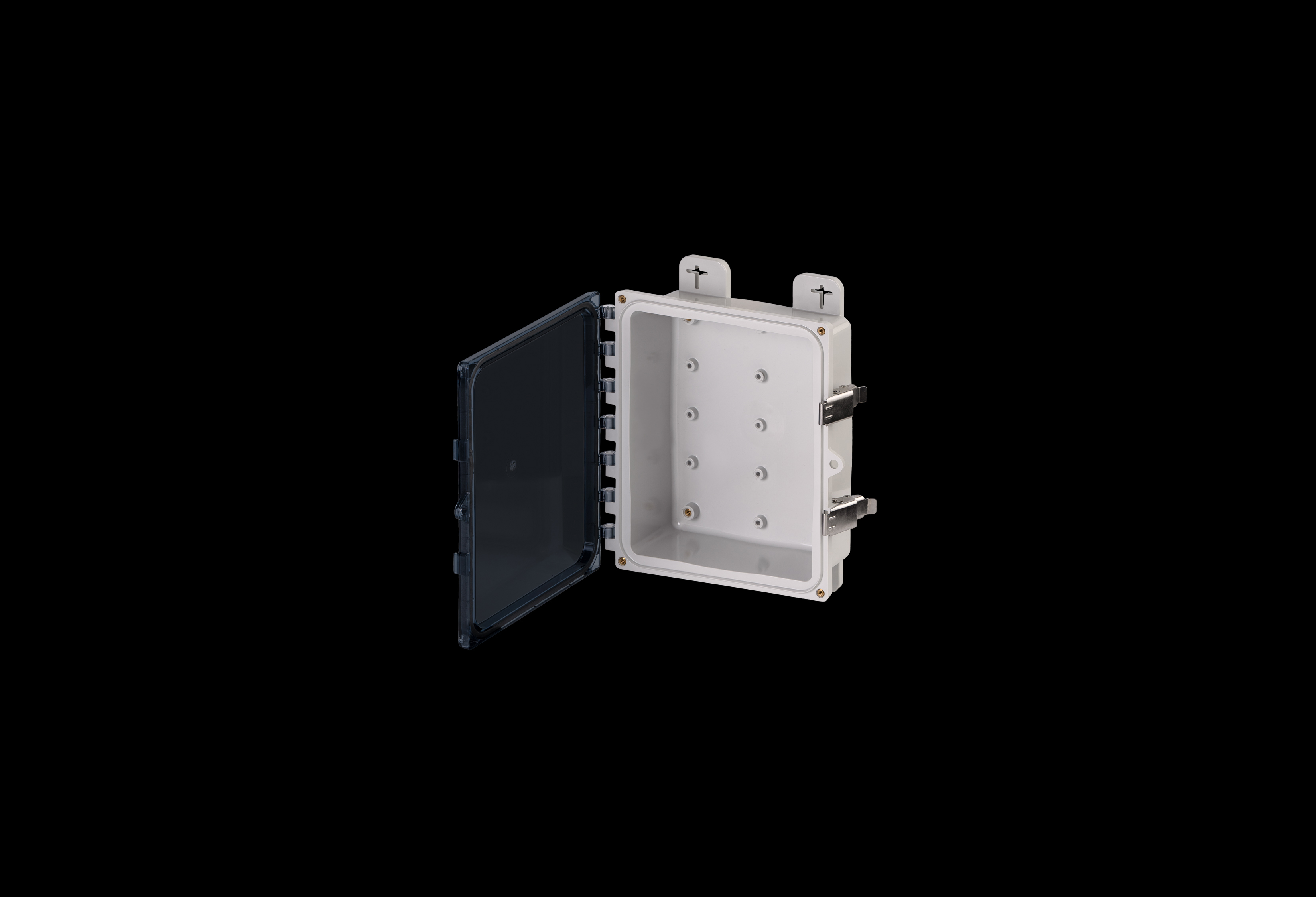 PC100803CCSS-QFL-Open.jpg Polycarbonate Low Profile Enclosure 10 x 8 x 3 Inches PolySlim™ Series with Clear Cover and Stainless Steel Latches by Stahlin