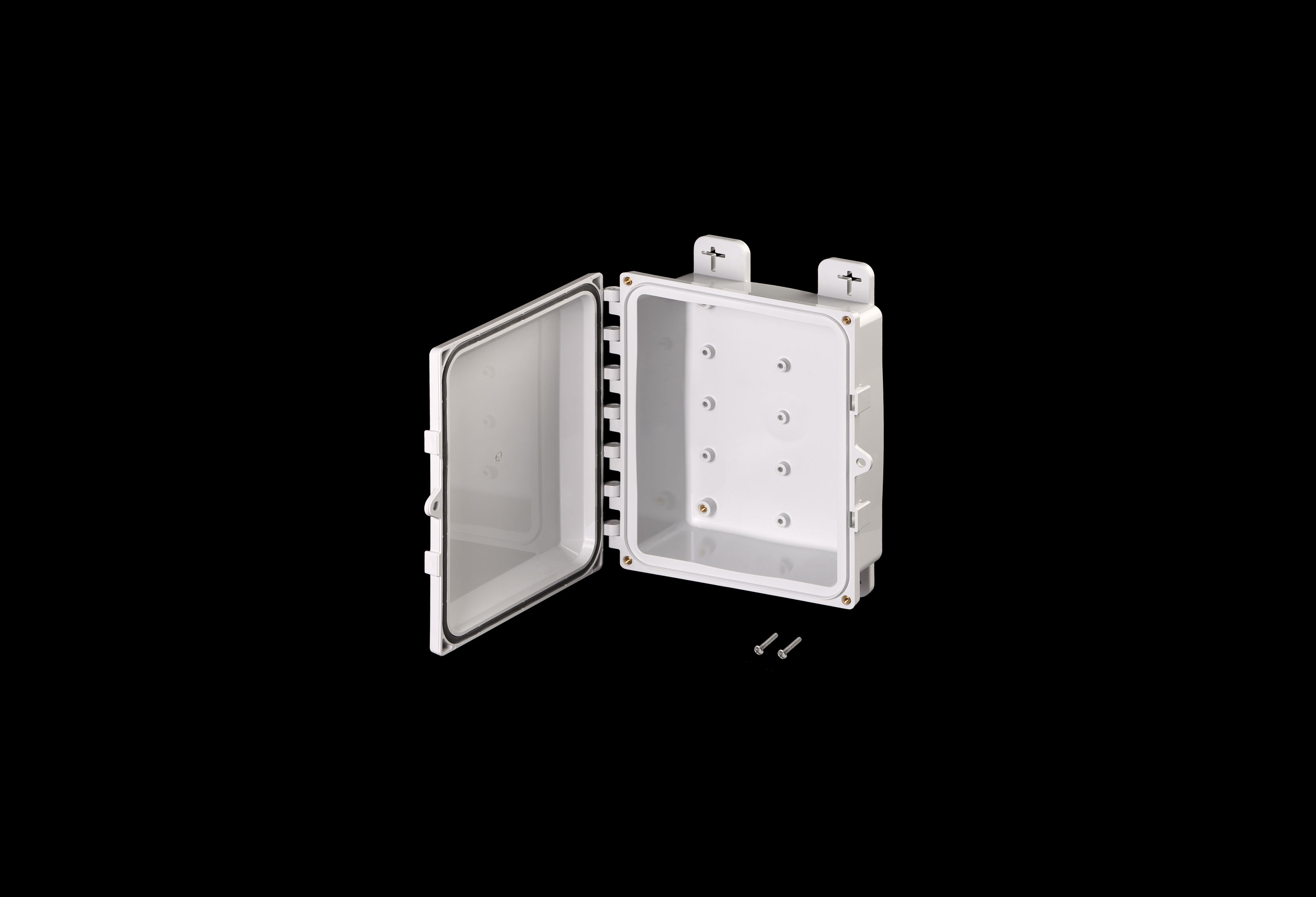 PC100803HW-QFL-Open.jpg Polycarbonate Low Profile Enclosure 10 x 8 x 3 Inches PolySlim™ Series HW Opaque Screw Down Cover without Latches by Stahlin