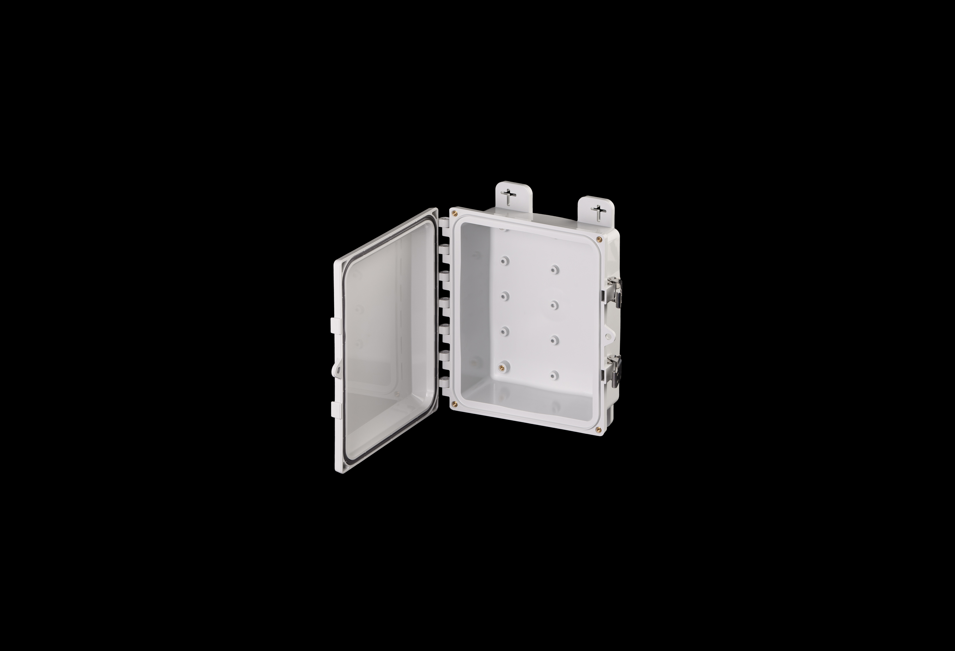 PC100803SS-QFL-Open.jpg Polycarbonate Low Profile Enclosure 10 x 8 x 3 Inches PolySlim™ Series with Opaque Cover and Stainless Steel Latches by Stahlin