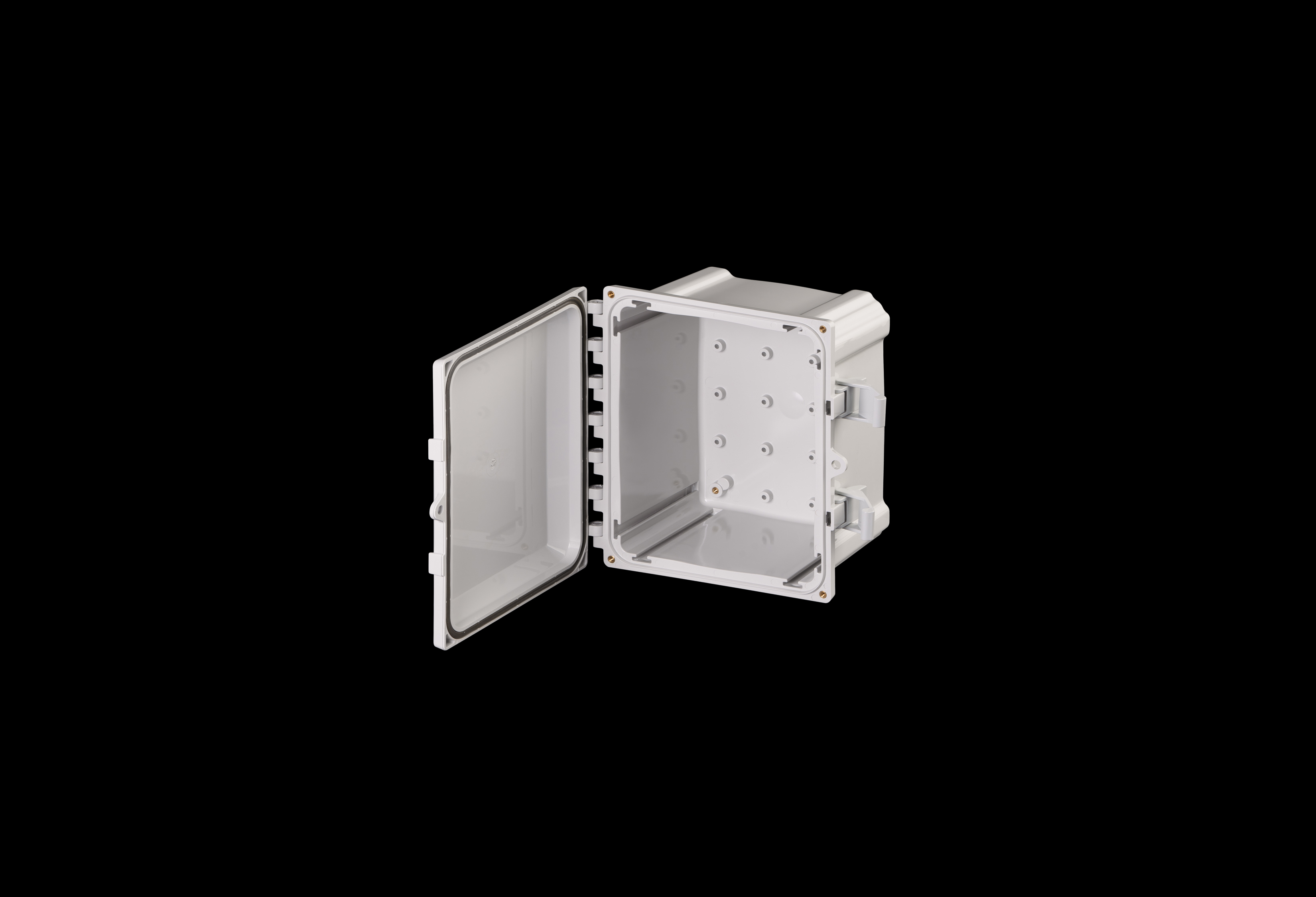 PC100806-QFL-Open.jpg Polycarbonate Enclosure 10 x 8 x 6 Inches PolyStar Series with Hinged, Latched Opaque Cover by Stahlin