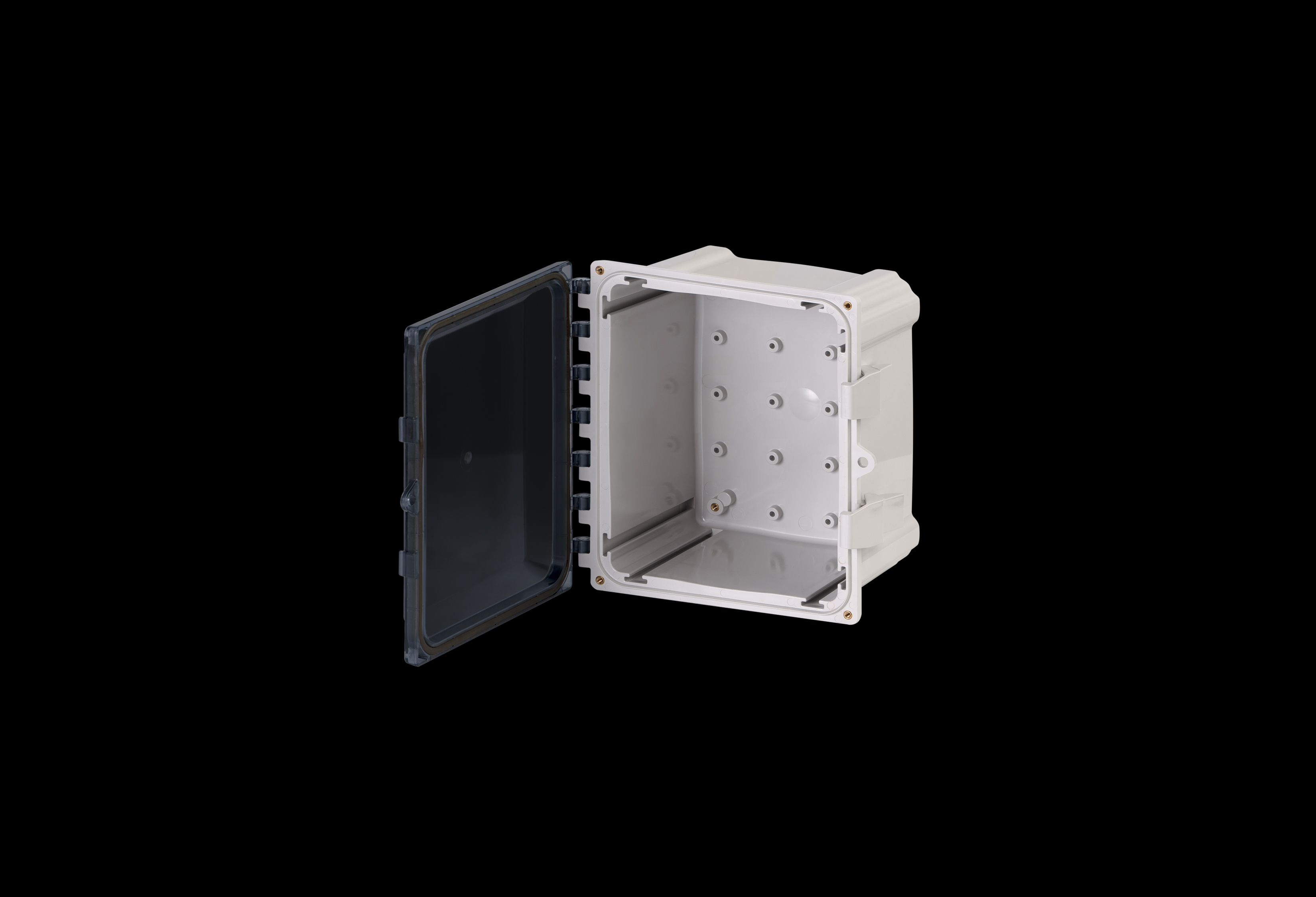 PC100806CC-QFL-Open.jpg Polycarbonate Enclosure 10 x 8 x 6 Inches PolyStar Series with Hinged, Latched Clear Cover by Stahlin