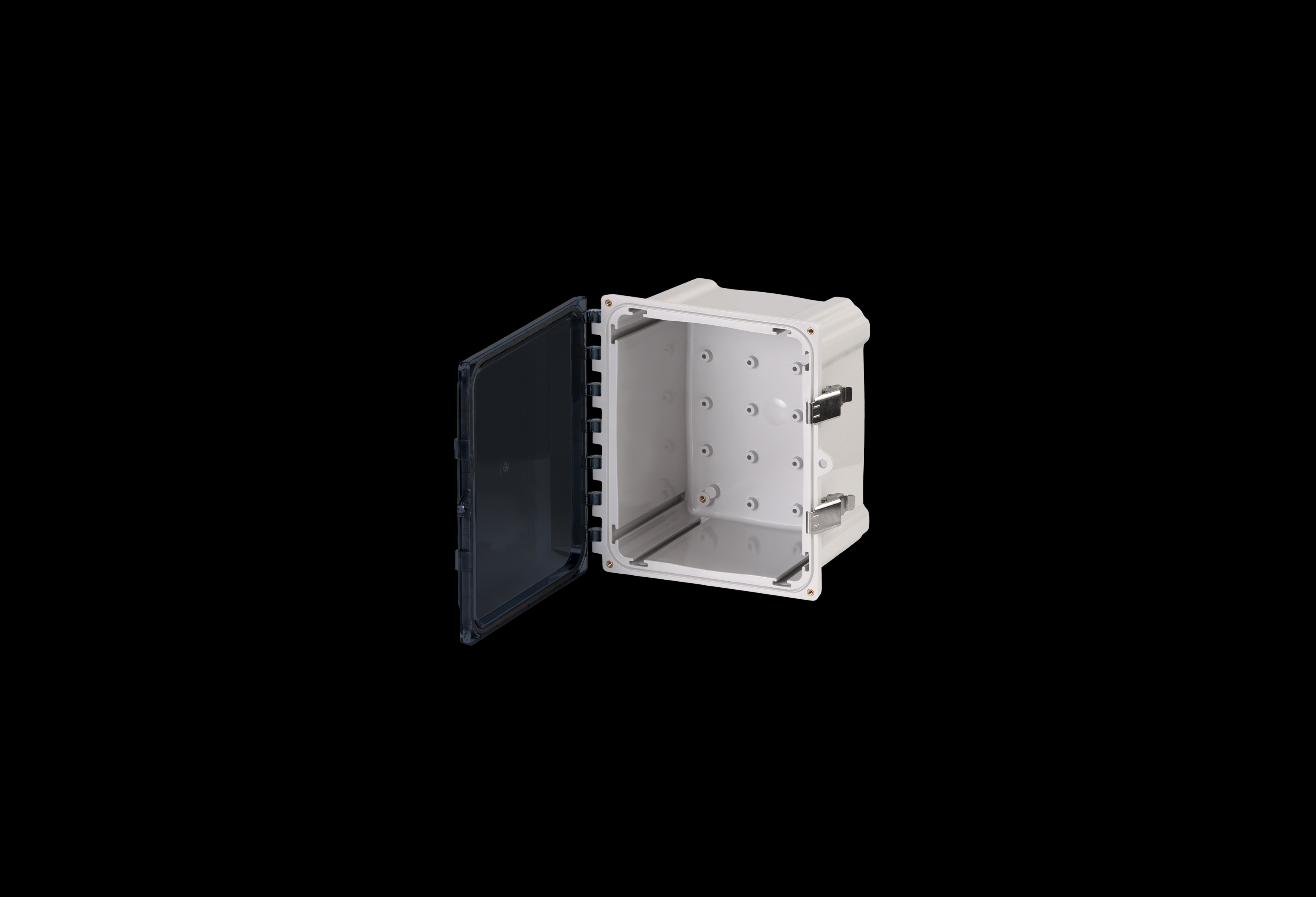 PC100806CCSS-QFL-Open.jpg Polycarbonate Enclosure 10 x 8 x 6 Inches PolyStar Series with Clear Cover and Stainless Steel Latches by Stahlin