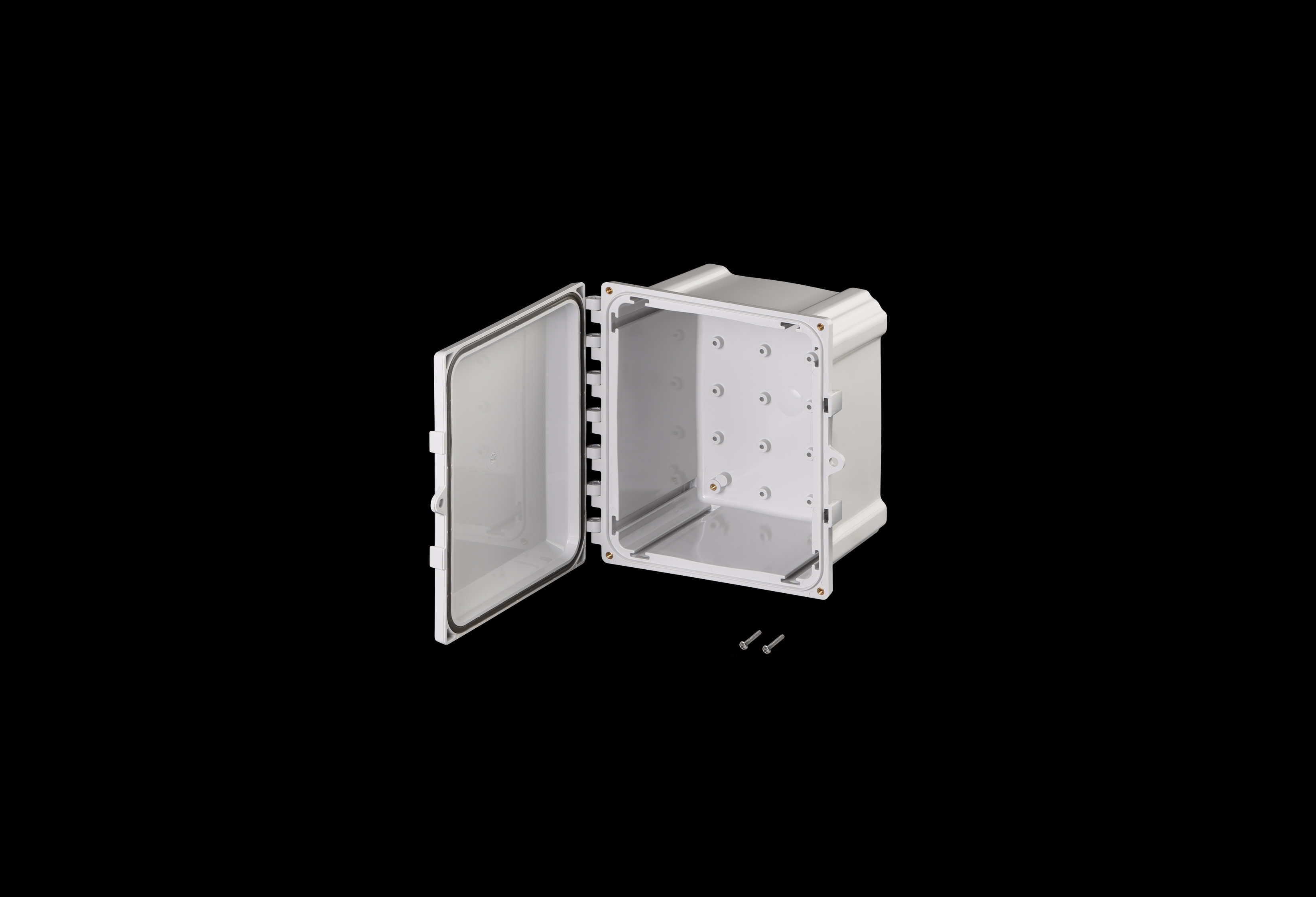 PC100806HW-QFL-Open.jpg Polycarbonate Enclosure 10 x 8 x 6 Inches PolyStar Series HW Opaque Screw Down Cover without Latches by Stahlin