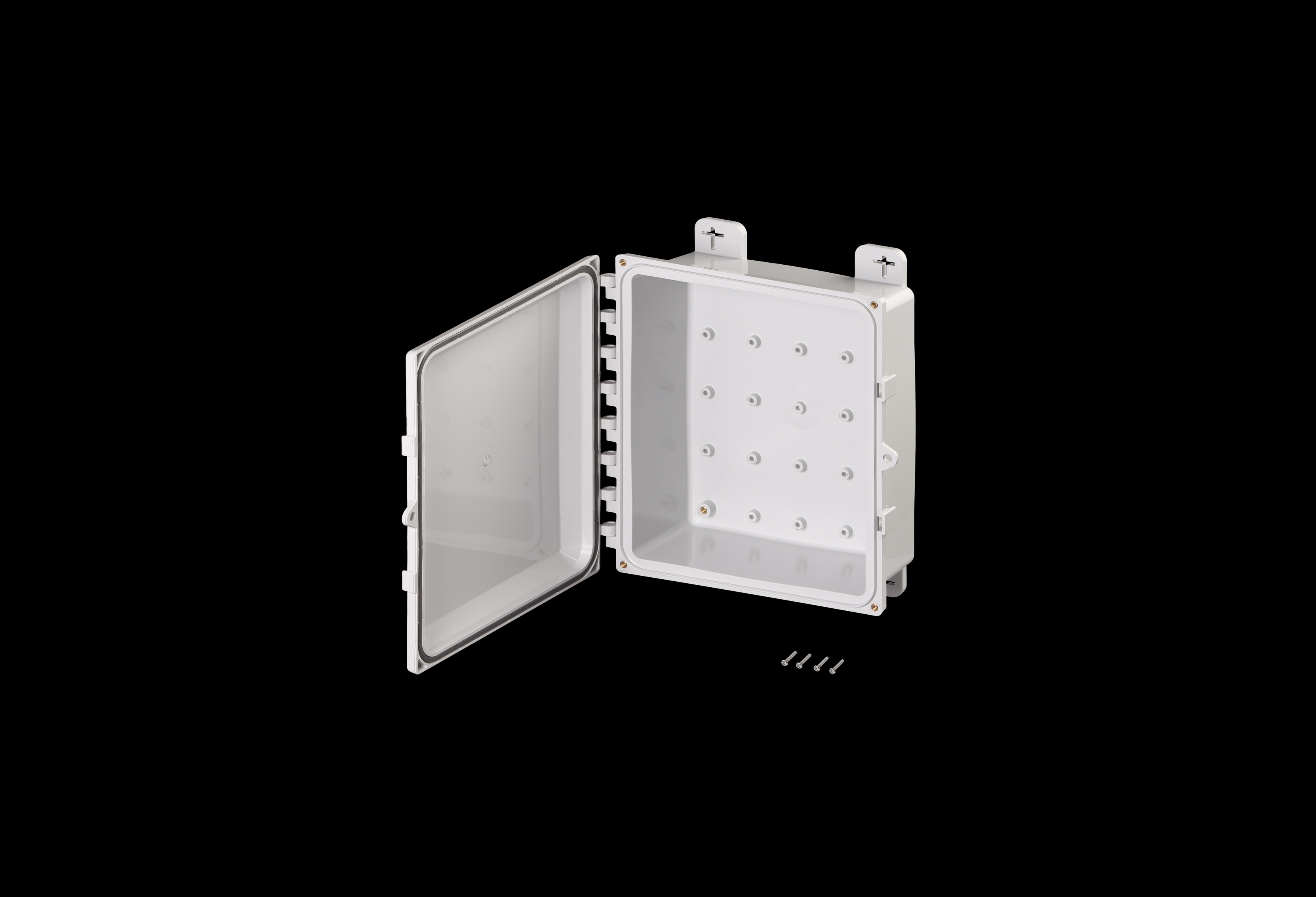 PC121004HW-QFL-Open.jpg Polycarbonate Low Profile Enclosure 12 x 10 x 4 Inches PolySlim™ Series HW Opaque Screw Down Cover without Latches by Stahlin
