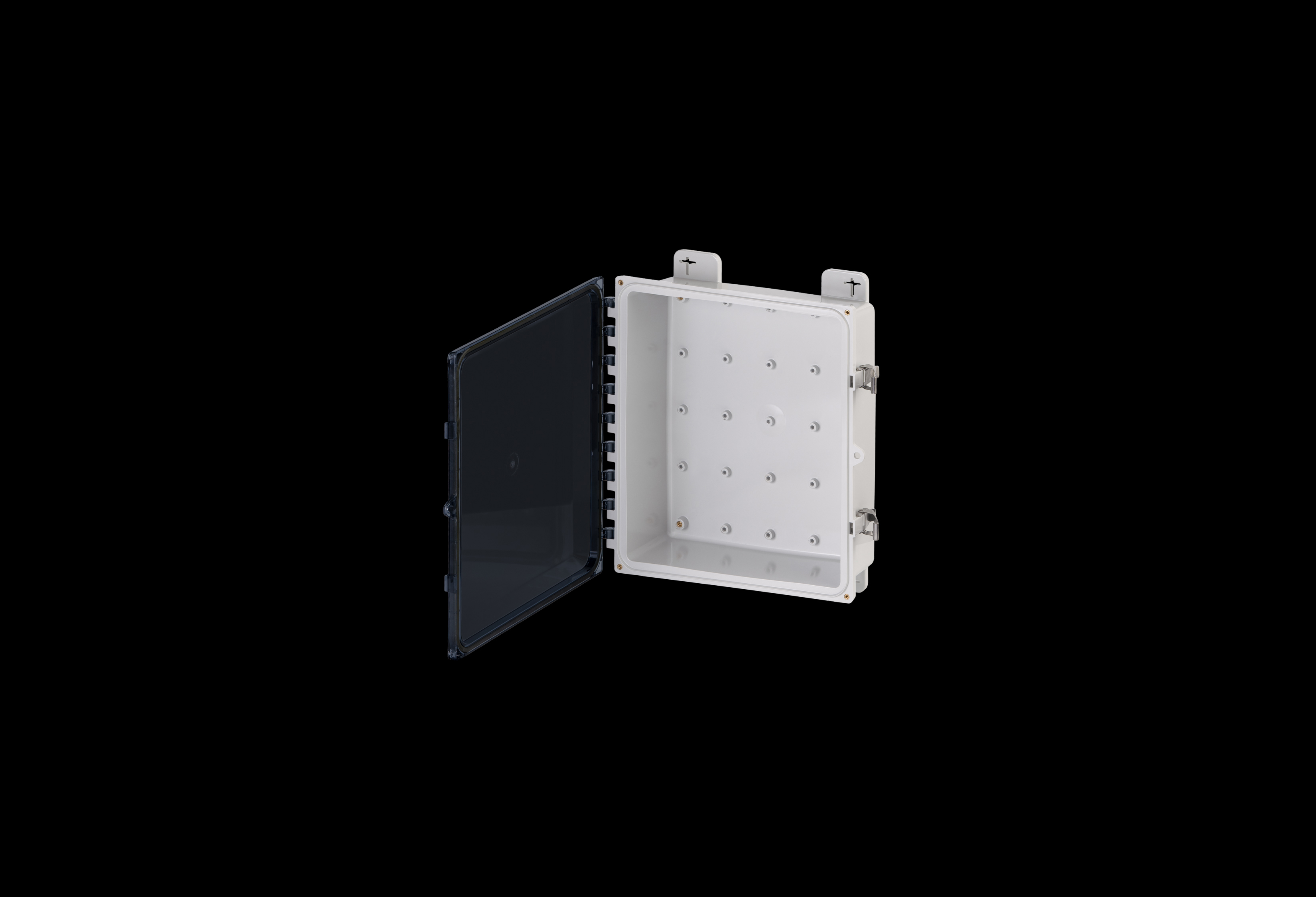 PC141204CCSS-QFL-Open.jpg Polycarbonate Low Profile Enclosure 12 x 10 x 4 Inches PolySlim™ Series with Clear Cover and Stainless Steel Latches by Stahlin