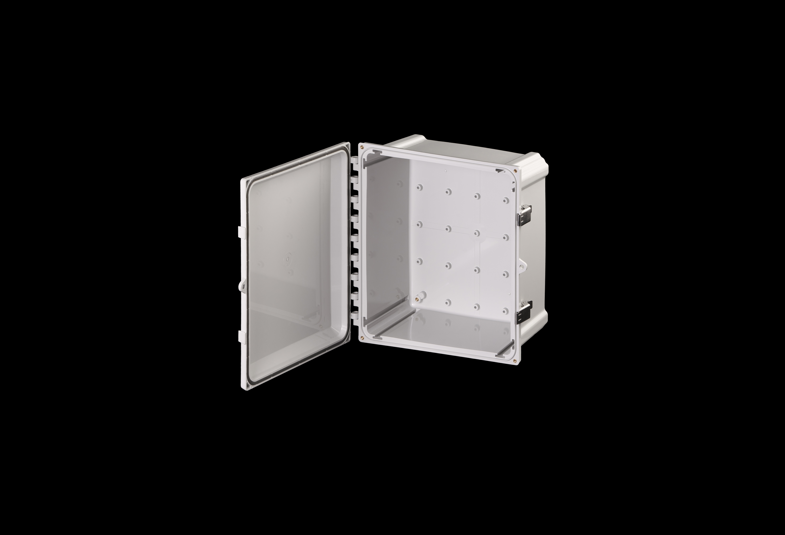 PC1412SS-QFL-Open.jpg Polycarbonate Enclosure 10 x 8 x 4 Inches PolyStar Series with Hinged, Opaque Cover and Stainless Steel Latches by Stahlin