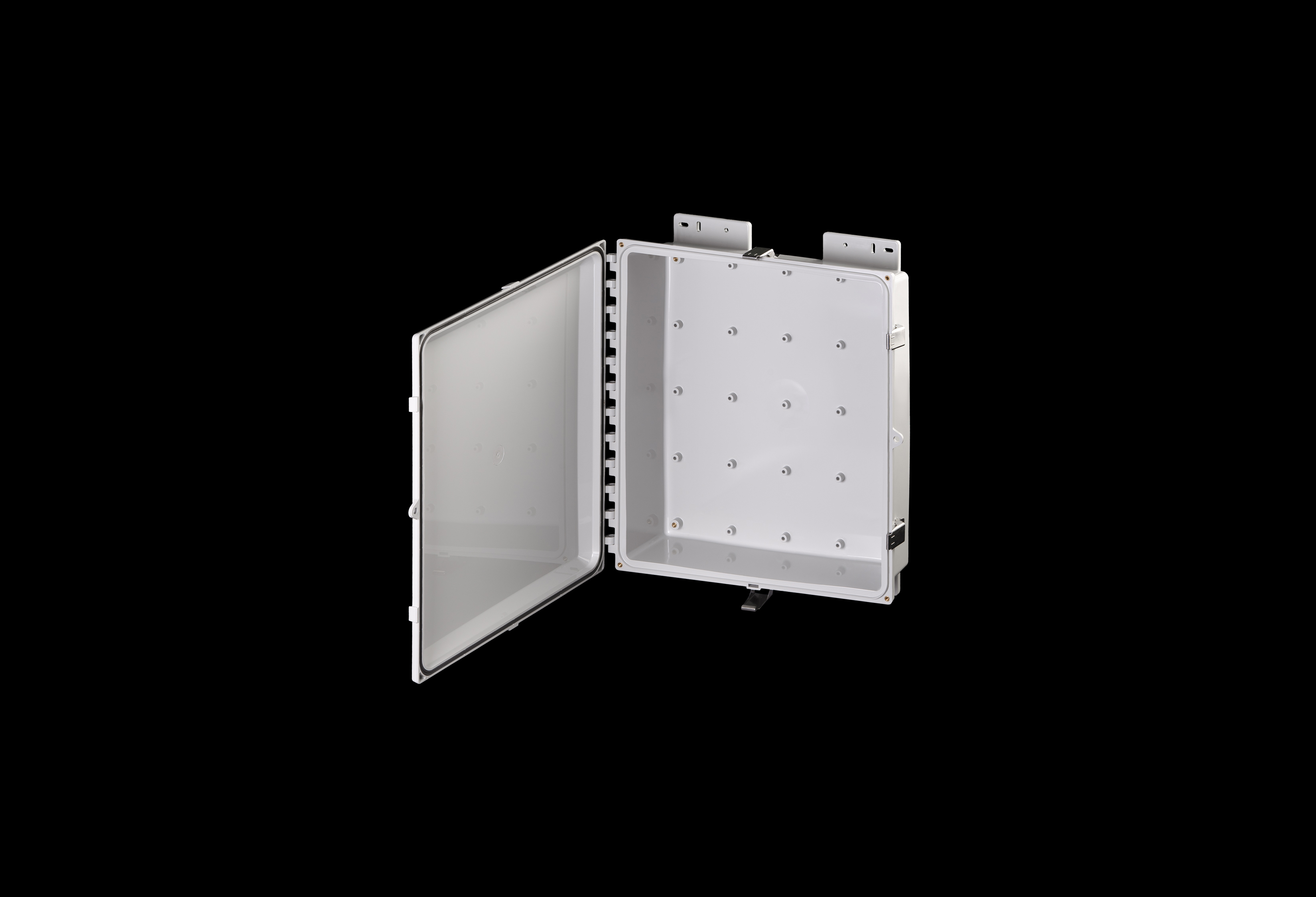 PC181604SS-QFL-Open.jpg Polycarbonate Low Profile Enclosure 16 x 14 x 4 Inches PolySlim™ Series with Opaque Cover and Stainless Steel Latches by Stahlin