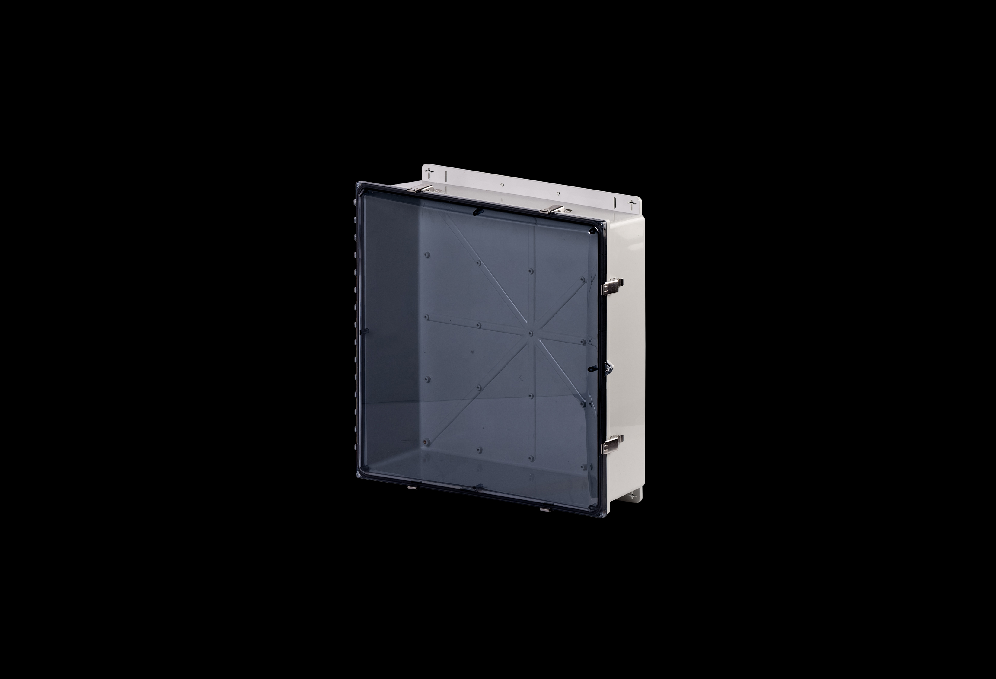 PC242406CCSS-QFL-Closed.jpg Polycarbonate Low Profile Enclosure 24 x 24 x 6 Inches PolySlim™ Series with Clear Cover and Stainless Steel Latches by Stahlin