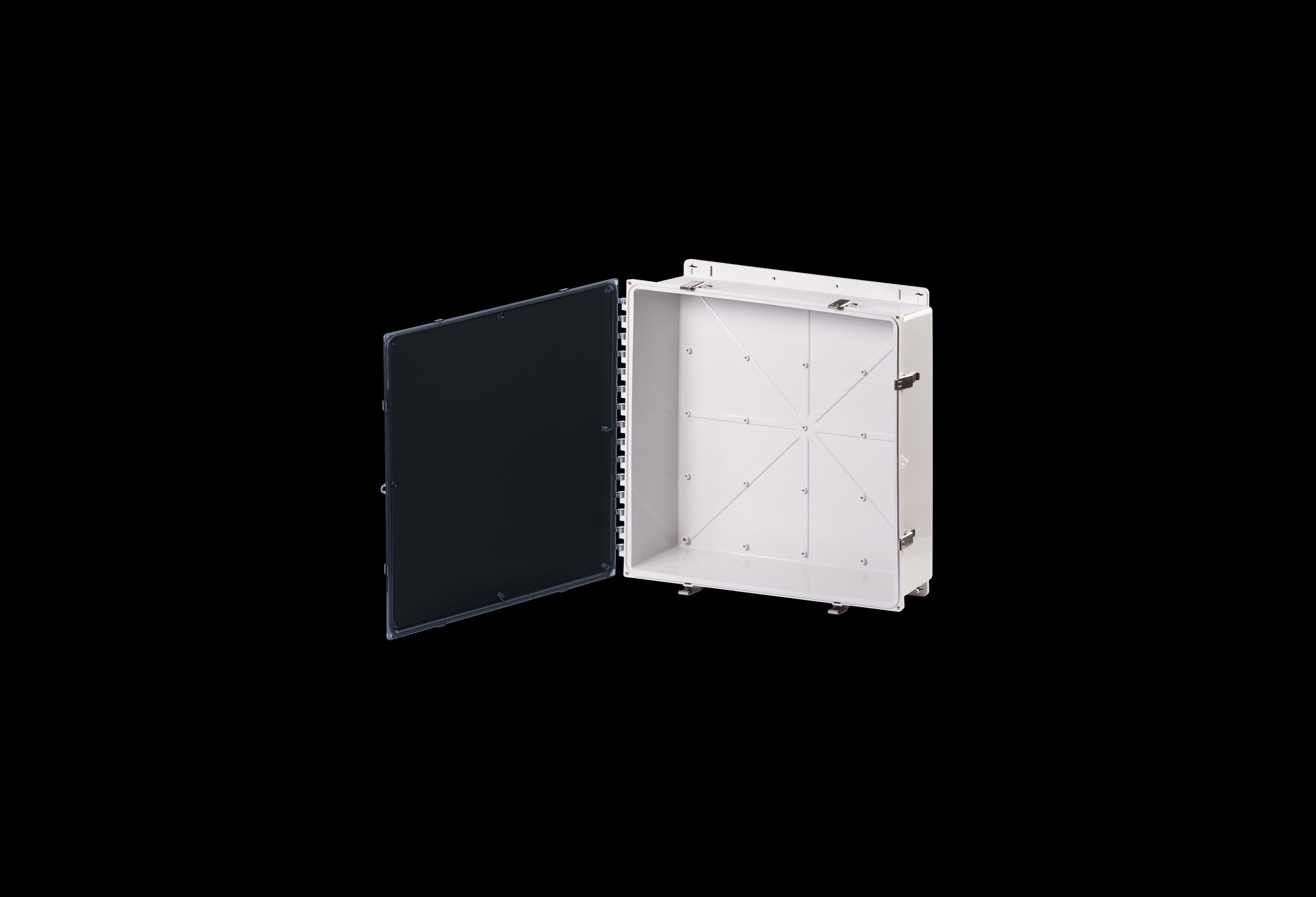 PC242406CCSS-QFL-Open.jpg Polycarbonate Low Profile Enclosure 24 x 24 x 6 Inches PolySlim™ Series with Clear Cover and Stainless Steel Latches by Stahlin
