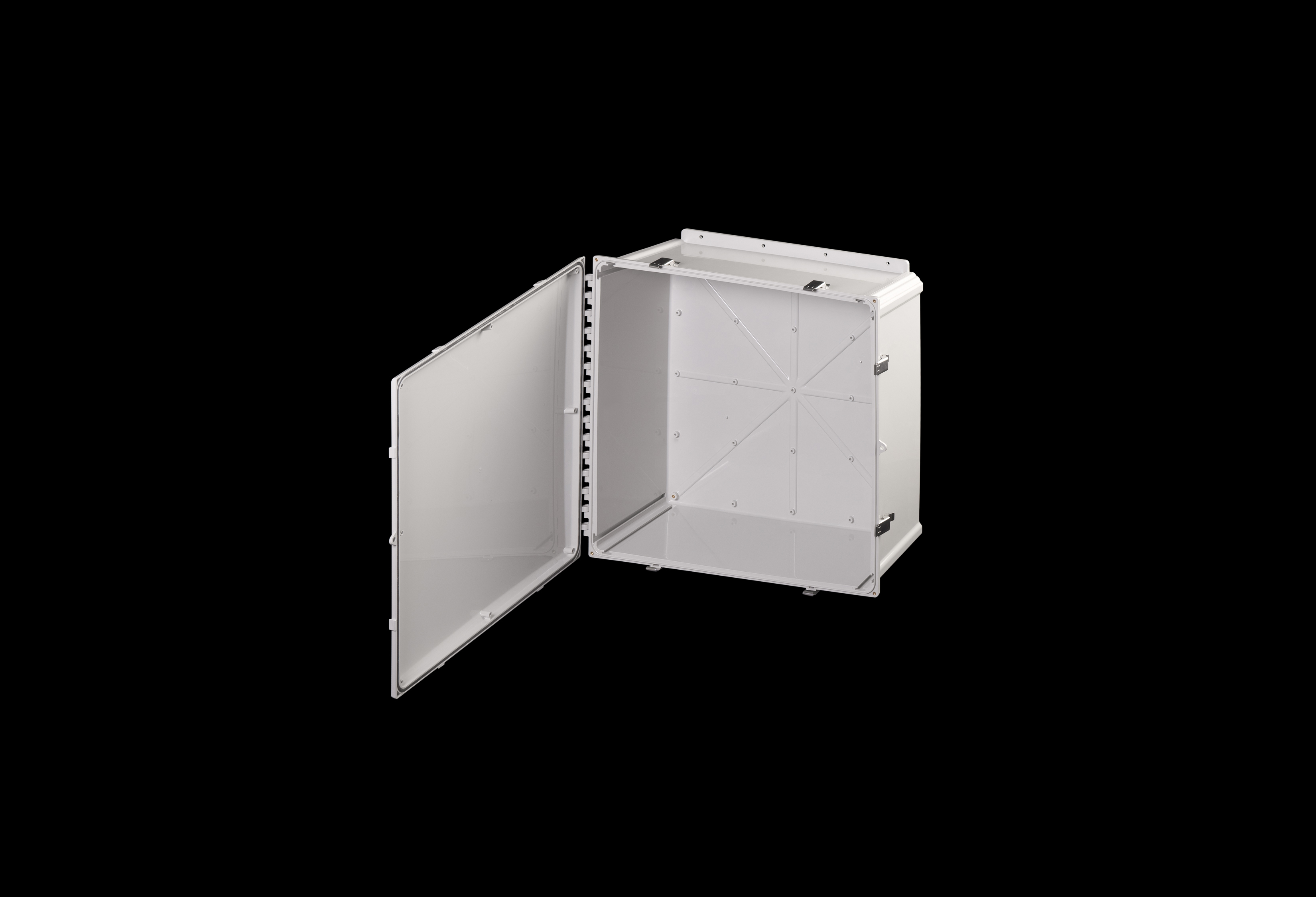 PC2424SS-QFL-Open.jpg Polycarbonate Enclosure 24 x 24 x 10 Inches PolyStar Series with Hinged, Opaque Cover and Stainless Steel Latches by Stahlin